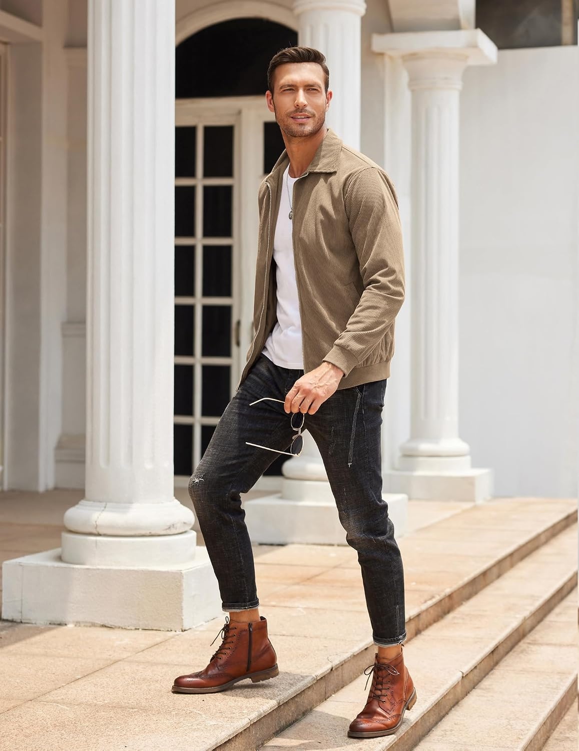 image:imageCOOFANDY Mens Casual Corduroy Jacket Lightweight Zip Up Vintage Jacket Collared Bomber JacketAkhaki