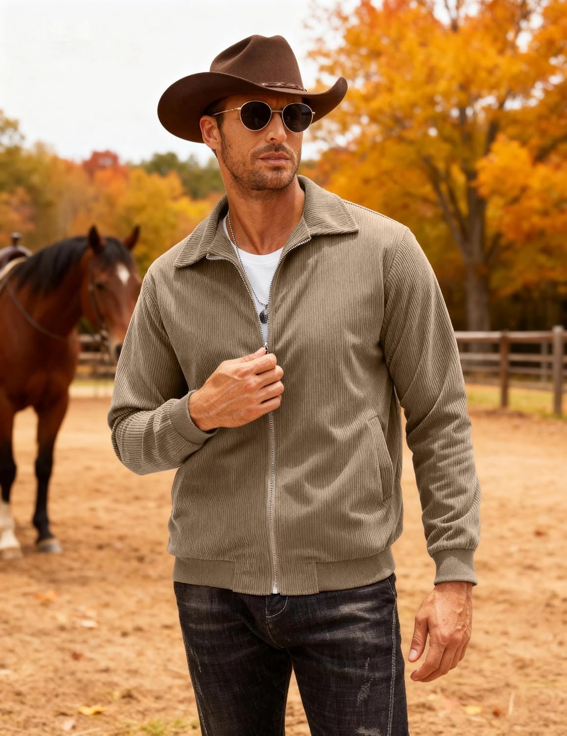 image:imageCOOFANDY Mens Casual Corduroy Jacket Lightweight Zip Up Vintage Jacket Collared Bomber JacketAkhaki