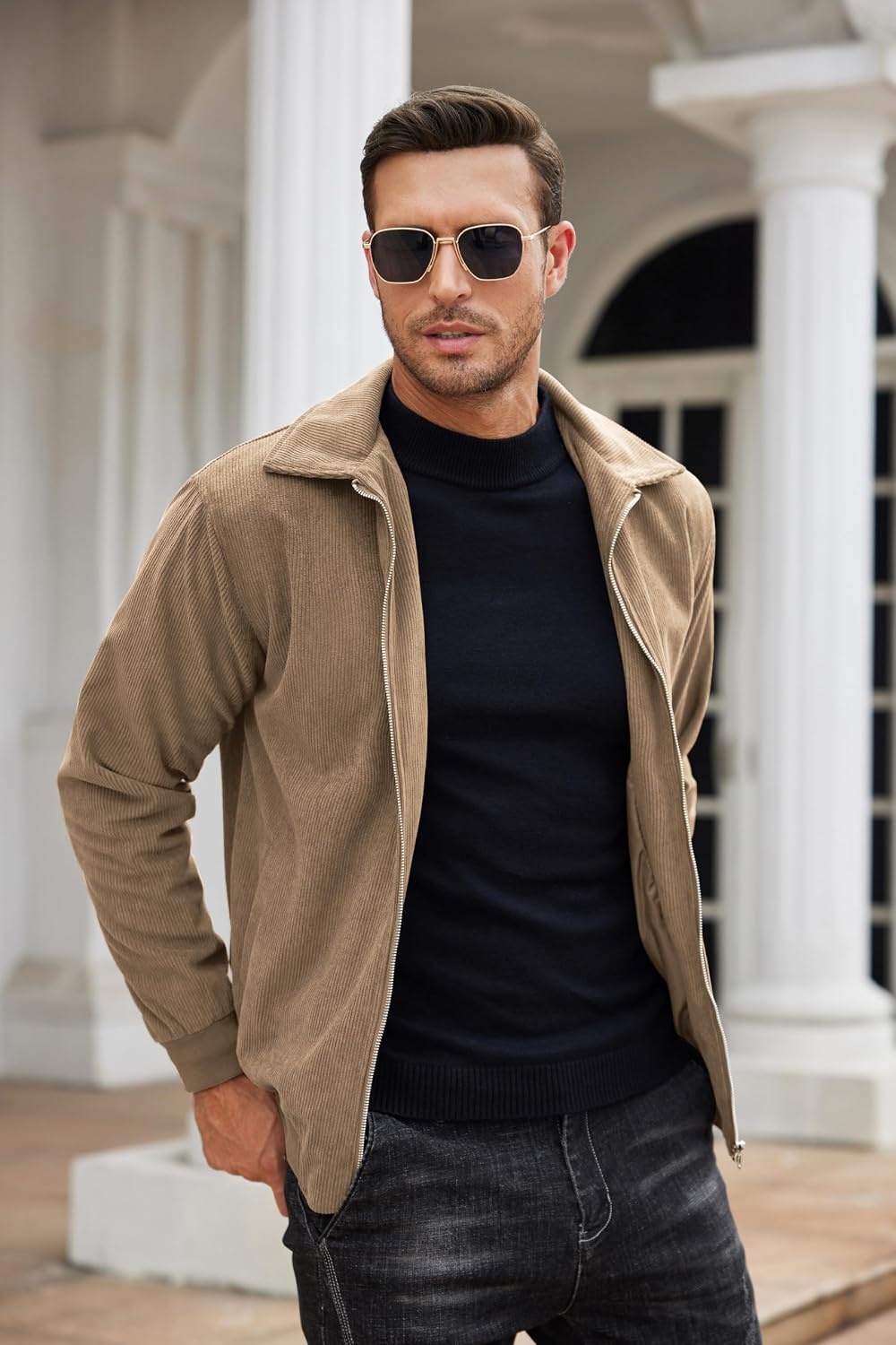 image:imageCOOFANDY Mens Casual Corduroy Jacket Lightweight Zip Up Vintage Jacket Collared Bomber JacketAkhaki