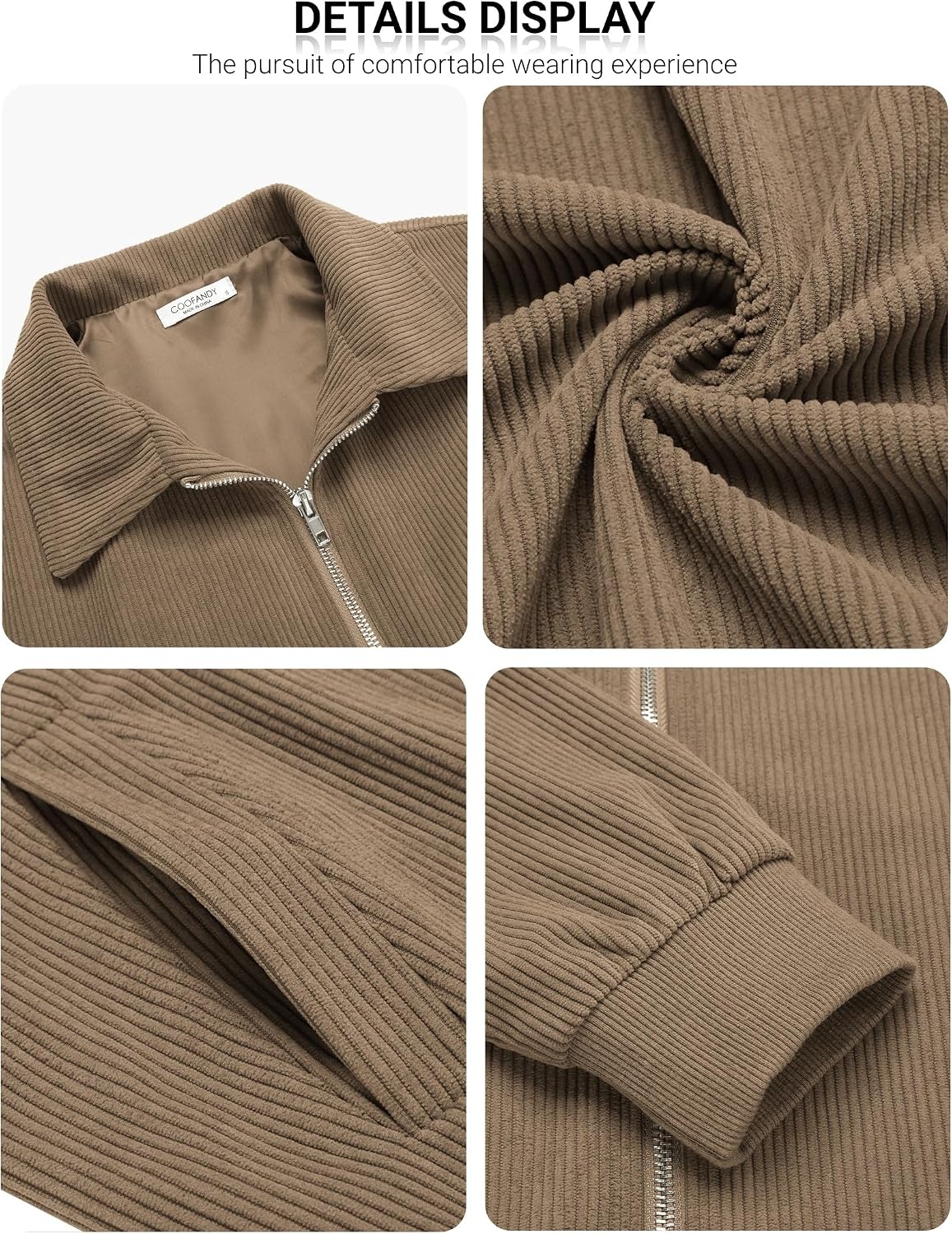 image:imageCOOFANDY Mens Casual Corduroy Jacket Lightweight Zip Up Vintage Jacket Collared Bomber JacketAkhaki