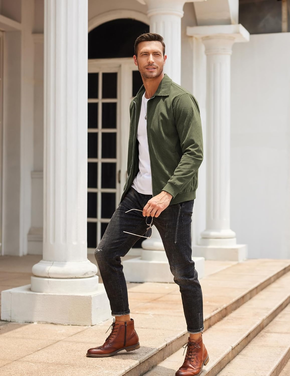 image:imageCOOFANDY Mens Casual Corduroy Jacket Lightweight Zip Up Vintage Jacket Collared Bomber JacketArmy Green