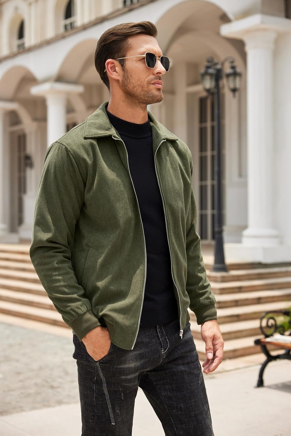 image:imageCOOFANDY Mens Casual Corduroy Jacket Lightweight Zip Up Vintage Jacket Collared Bomber JacketArmy Green