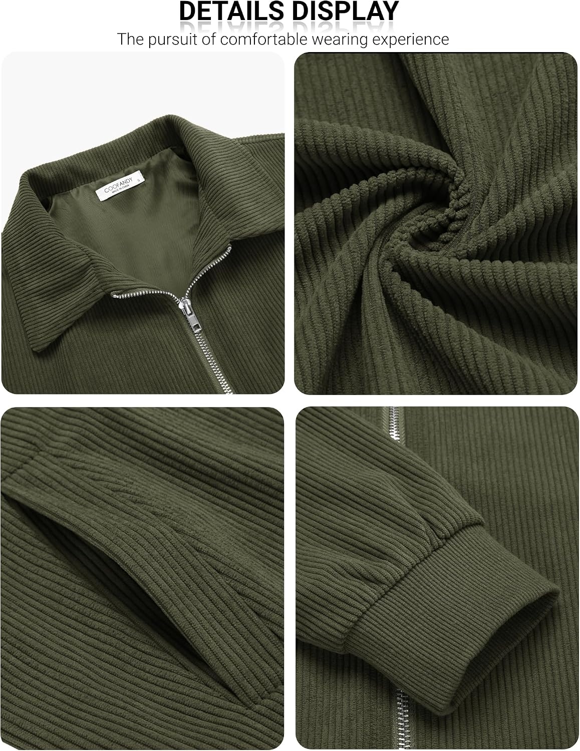 image:imageCOOFANDY Mens Casual Corduroy Jacket Lightweight Zip Up Vintage Jacket Collared Bomber JacketArmy Green