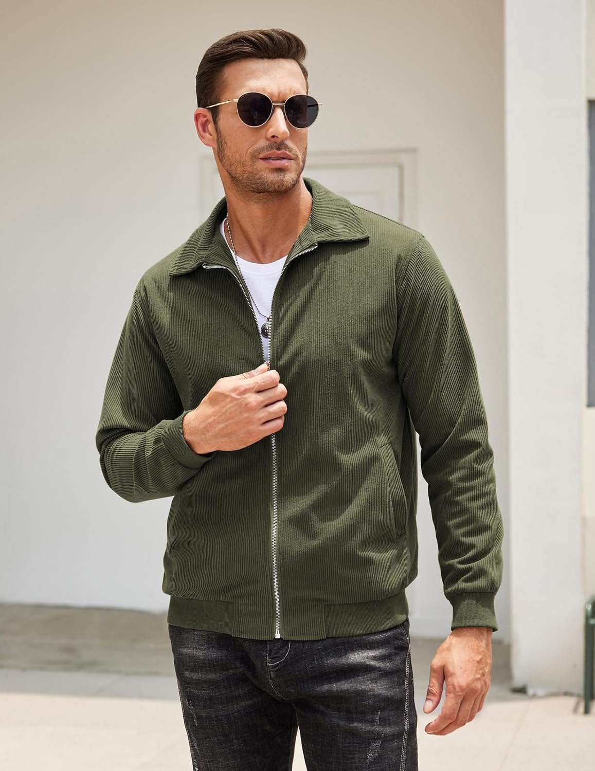 image:imageCOOFANDY Mens Casual Corduroy Jacket Lightweight Zip Up Vintage Jacket Collared Bomber JacketArmy Green