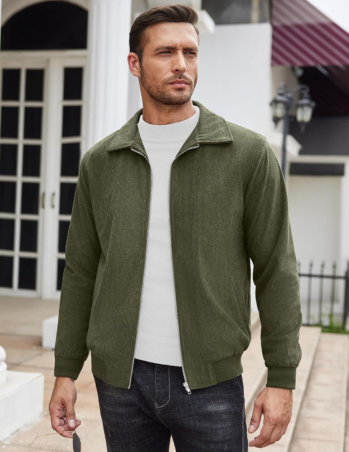 image:imageCOOFANDY Mens Casual Corduroy Jacket Lightweight Zip Up Vintage Jacket Collared Bomber JacketArmy Green