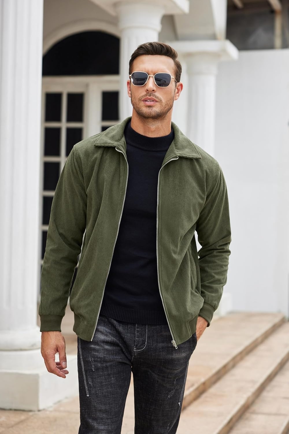 image:imageCOOFANDY Mens Casual Corduroy Jacket Lightweight Zip Up Vintage Jacket Collared Bomber JacketArmy Green