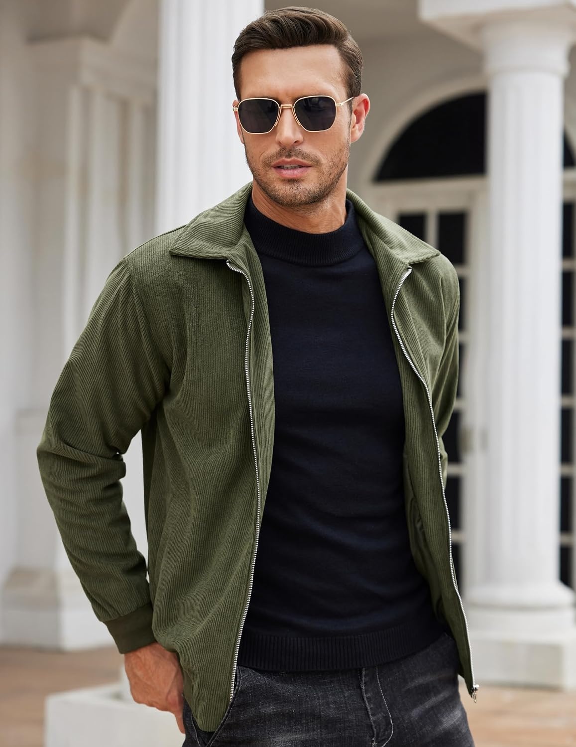 image:imageCOOFANDY Mens Casual Corduroy Jacket Lightweight Zip Up Vintage Jacket Collared Bomber JacketArmy Green
