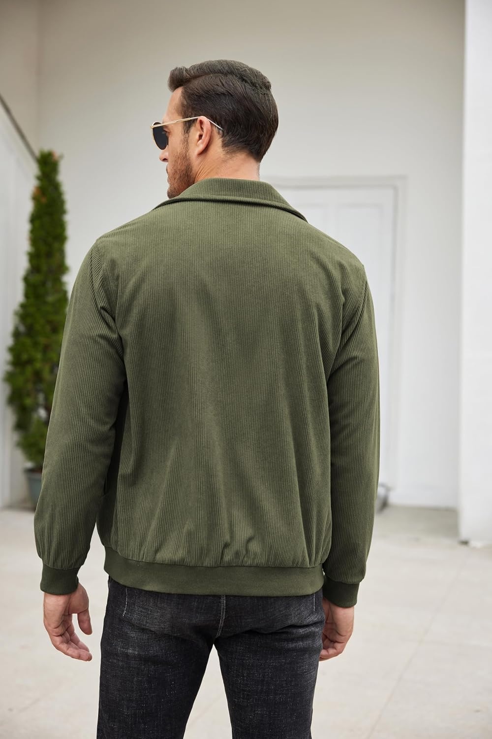 image:imageCOOFANDY Mens Casual Corduroy Jacket Lightweight Zip Up Vintage Jacket Collared Bomber JacketArmy Green