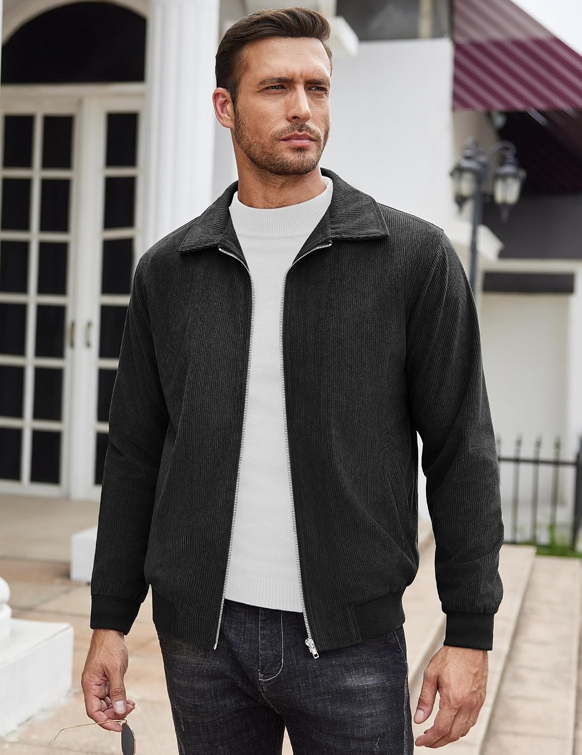 image:imageCOOFANDY Mens Casual Corduroy Jacket Lightweight Zip Up Vintage Jacket Collared Bomber JacketBlack