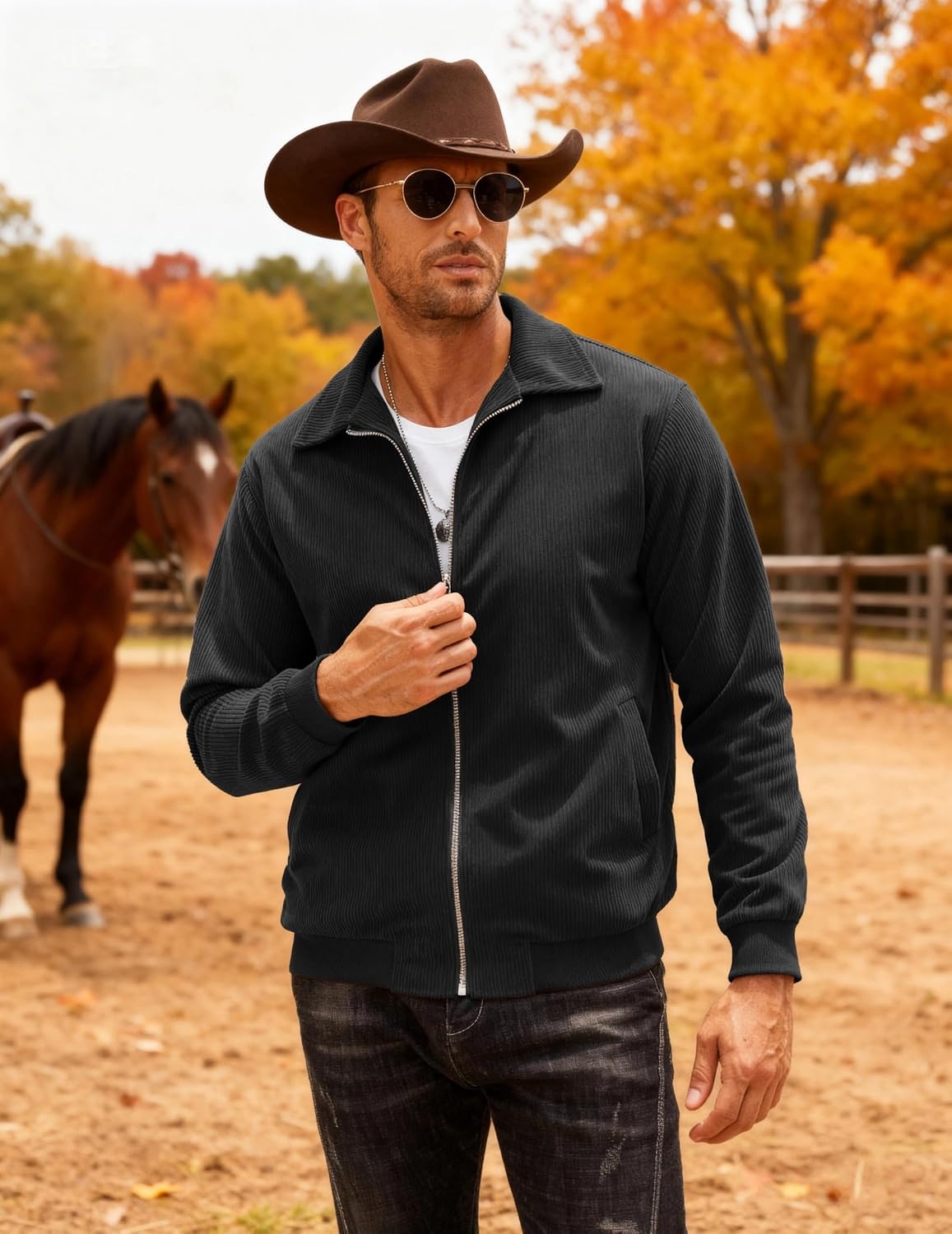 image:imageCOOFANDY Mens Casual Corduroy Jacket Lightweight Zip Up Vintage Jacket Collared Bomber JacketBlack