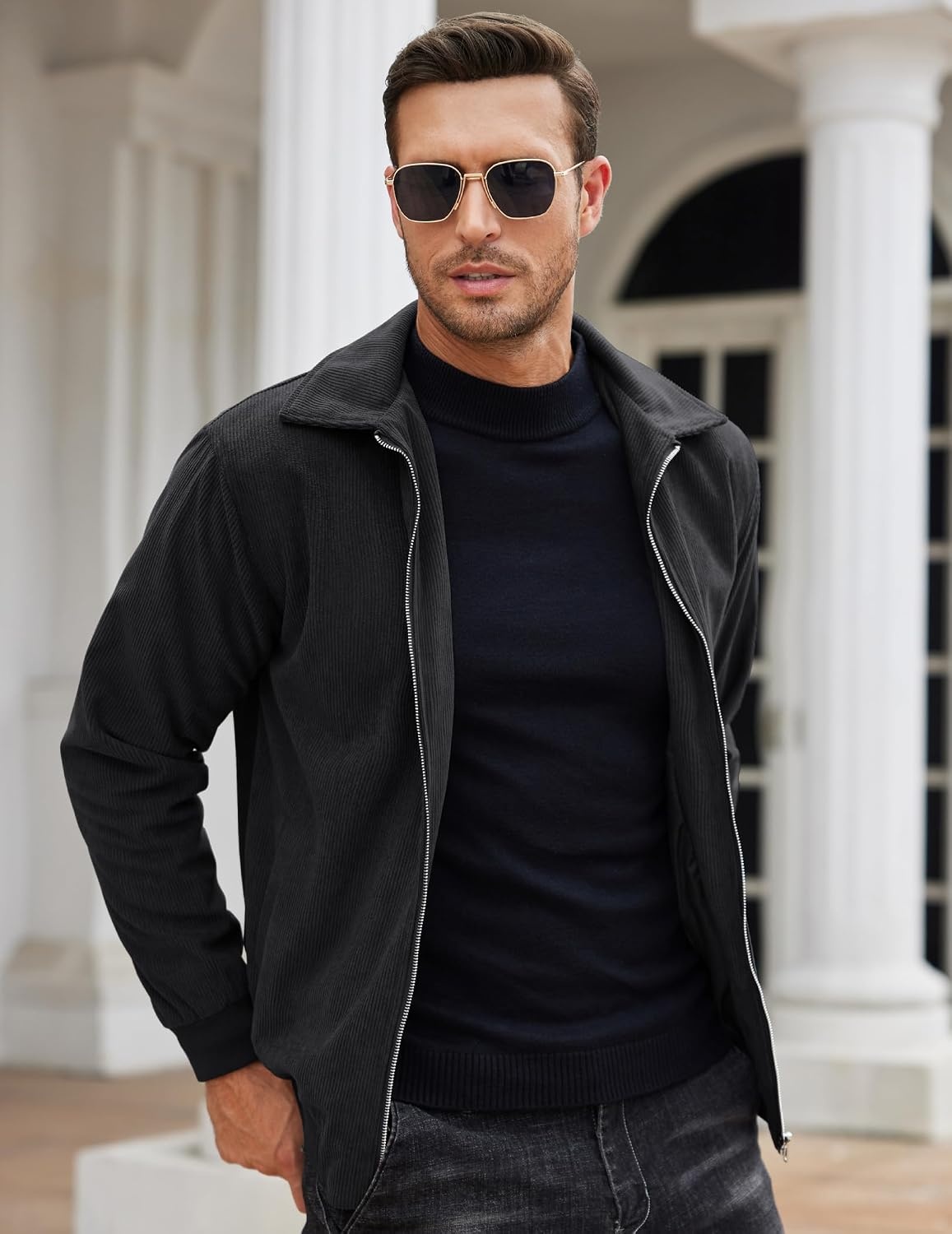 image:imageCOOFANDY Mens Casual Corduroy Jacket Lightweight Zip Up Vintage Jacket Collared Bomber JacketBlack