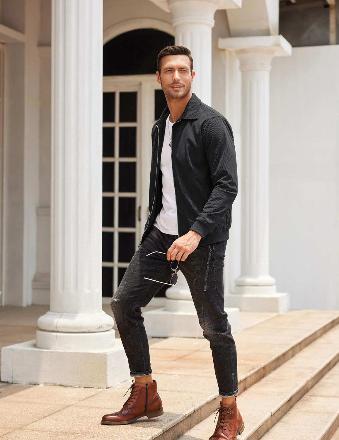 image:imageCOOFANDY Mens Casual Corduroy Jacket Lightweight Zip Up Vintage Jacket Collared Bomber JacketBlack