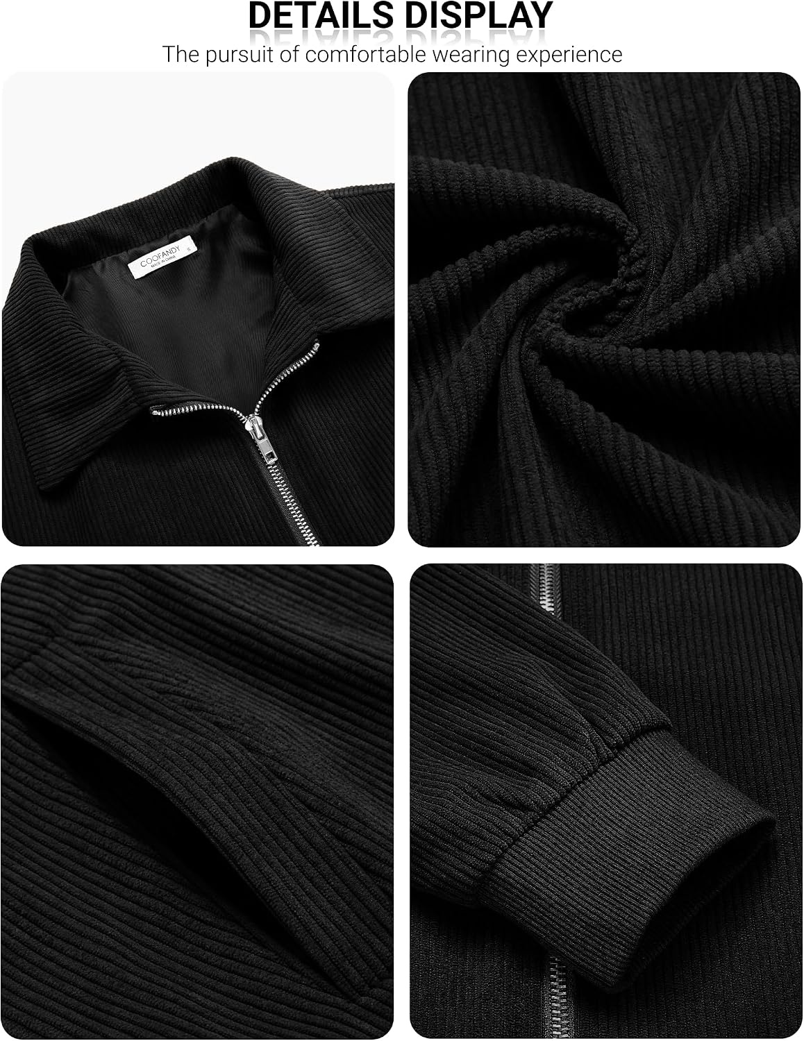 image:imageCOOFANDY Mens Casual Corduroy Jacket Lightweight Zip Up Vintage Jacket Collared Bomber JacketBlack