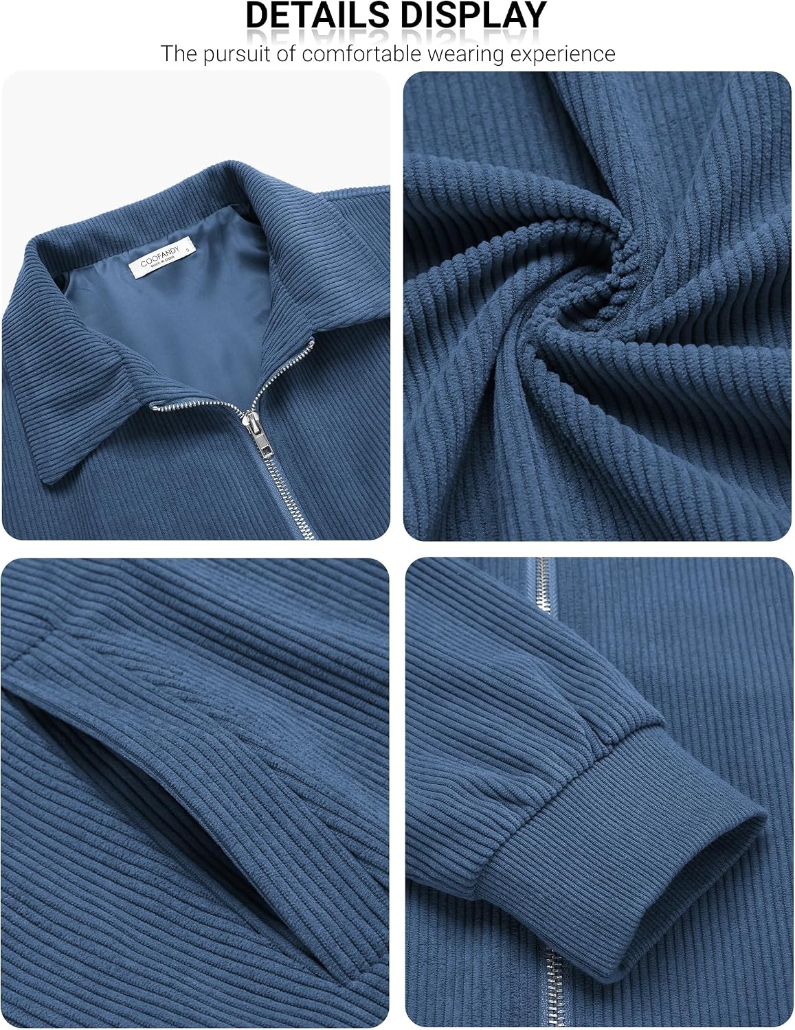 image:imageCOOFANDY Mens Casual Corduroy Jacket Lightweight Zip Up Vintage Jacket Collared Bomber JacketBlue
