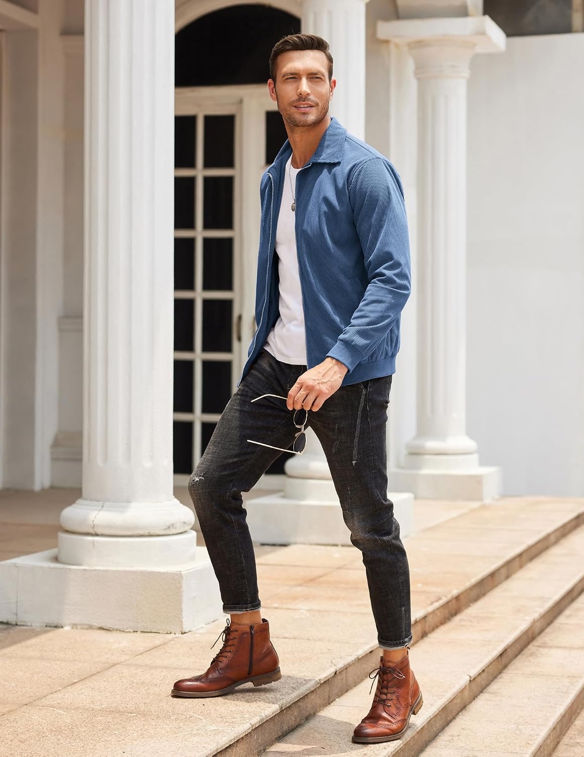 image:imageCOOFANDY Mens Casual Corduroy Jacket Lightweight Zip Up Vintage Jacket Collared Bomber JacketBlue