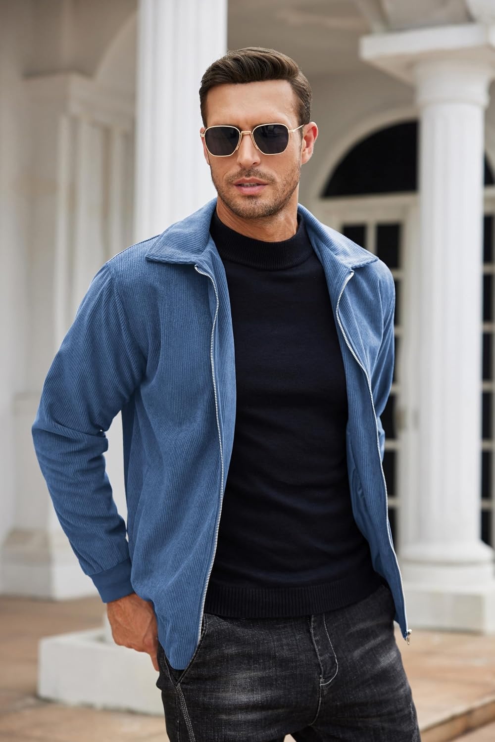 image:imageCOOFANDY Mens Casual Corduroy Jacket Lightweight Zip Up Vintage Jacket Collared Bomber JacketBlue