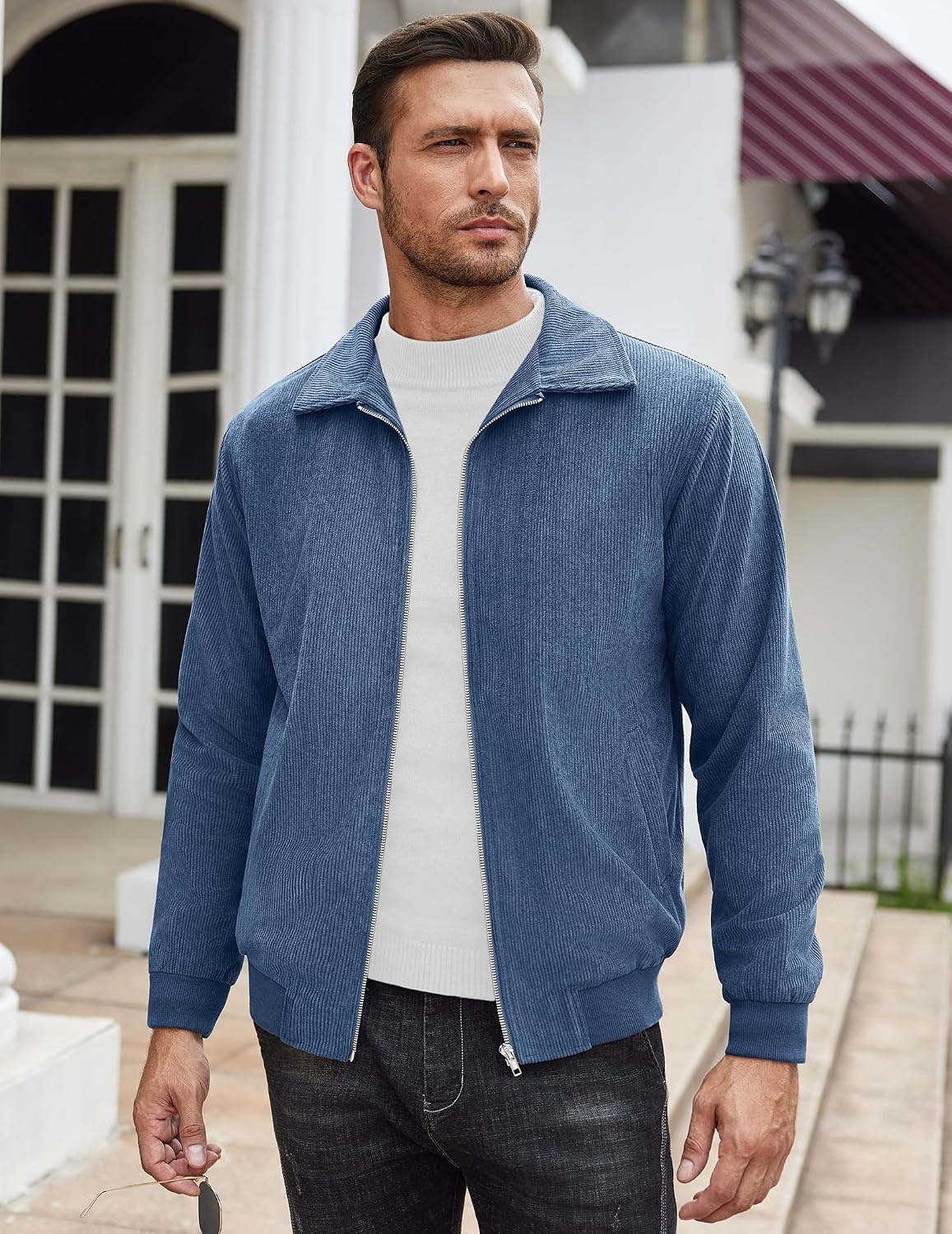 image:imageCOOFANDY Mens Casual Corduroy Jacket Lightweight Zip Up Vintage Jacket Collared Bomber JacketBlue