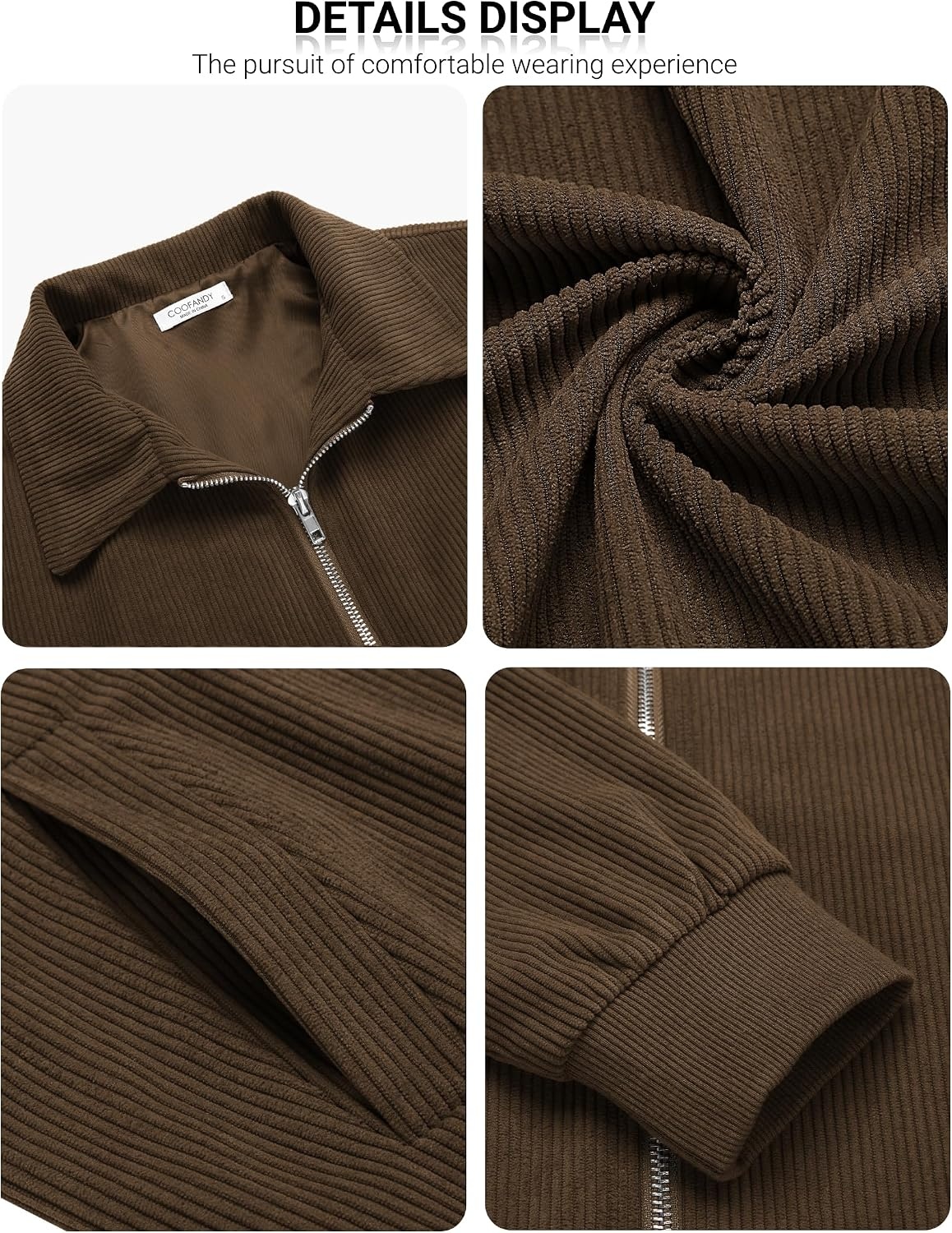 image:imageCOOFANDY Mens Casual Corduroy Jacket Lightweight Zip Up Vintage Jacket Collared Bomber JacketBrown
