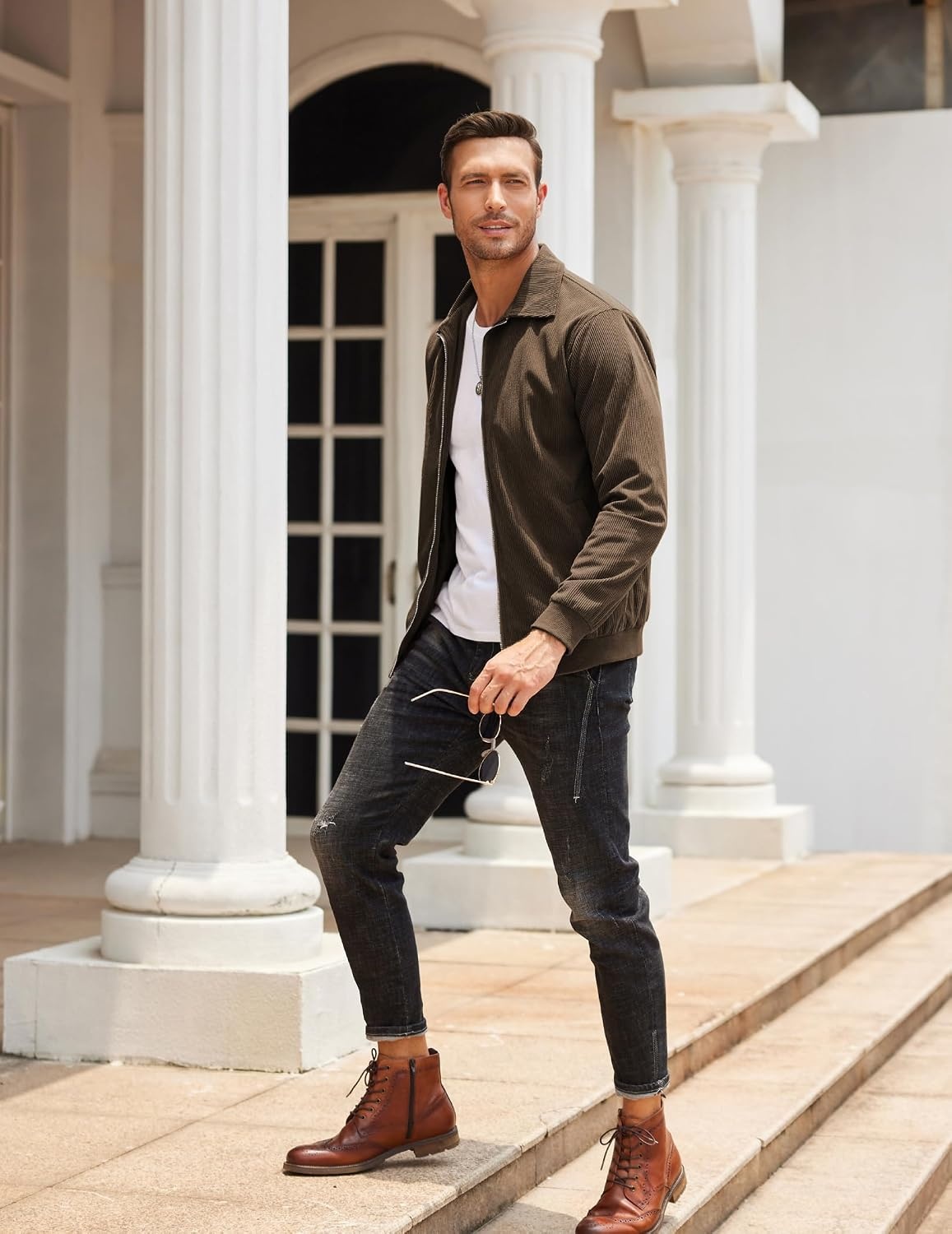image:imageCOOFANDY Mens Casual Corduroy Jacket Lightweight Zip Up Vintage Jacket Collared Bomber JacketBrown