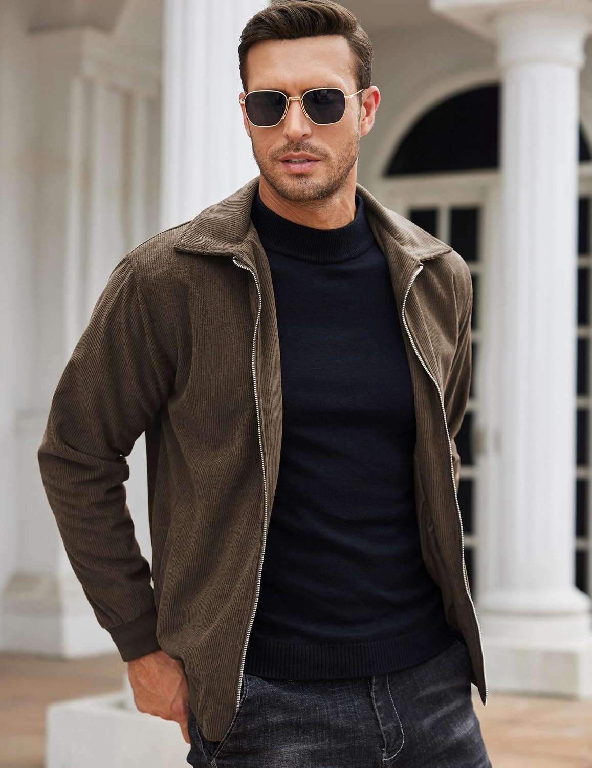image:imageCOOFANDY Mens Casual Corduroy Jacket Lightweight Zip Up Vintage Jacket Collared Bomber JacketBrown