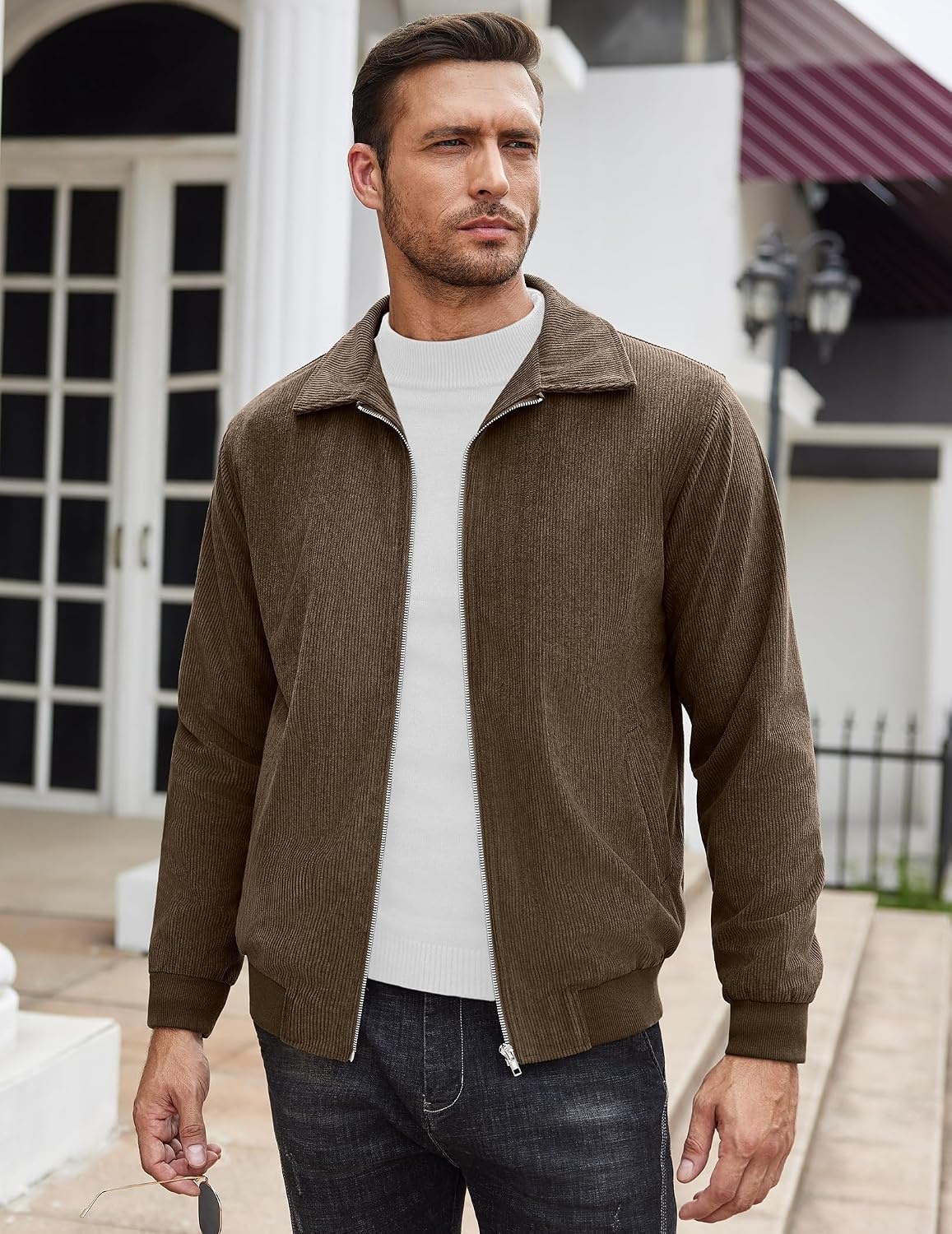 image:imageCOOFANDY Mens Casual Corduroy Jacket Lightweight Zip Up Vintage Jacket Collared Bomber JacketBrown