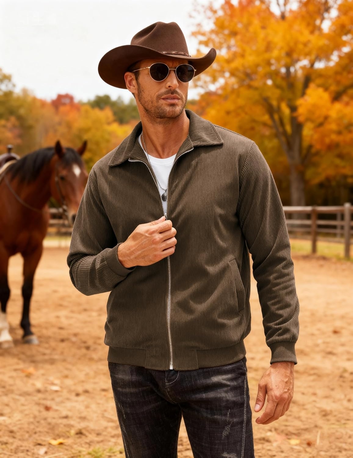 image:imageCOOFANDY Mens Casual Corduroy Jacket Lightweight Zip Up Vintage Jacket Collared Bomber JacketBrown