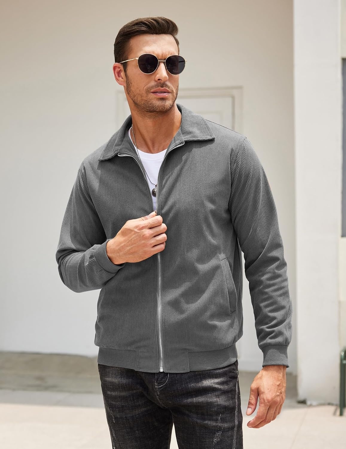 image:imageCOOFANDY Mens Casual Corduroy Jacket Lightweight Zip Up Vintage Jacket Collared Bomber JacketDark Grey