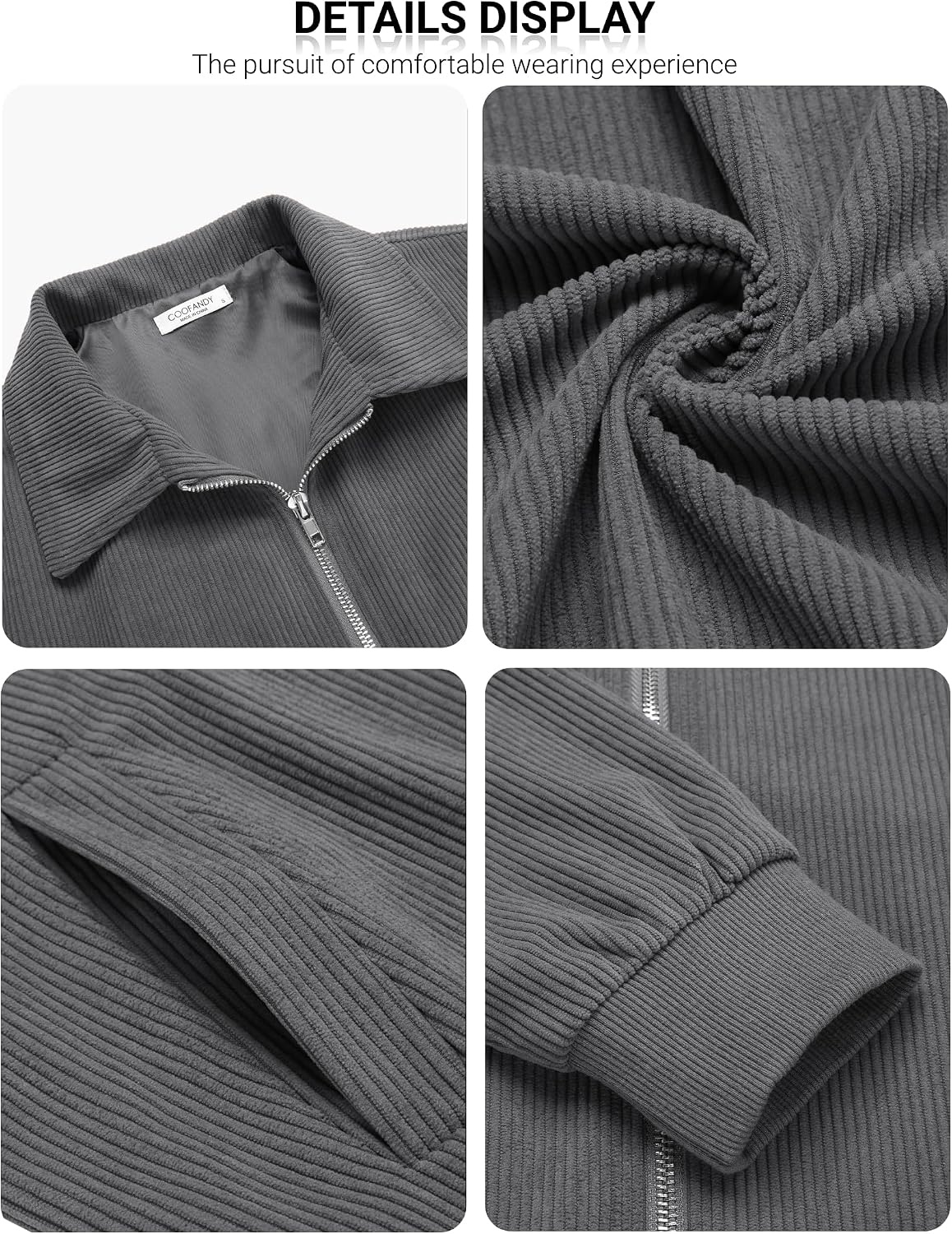 image:imageCOOFANDY Mens Casual Corduroy Jacket Lightweight Zip Up Vintage Jacket Collared Bomber JacketDark Grey