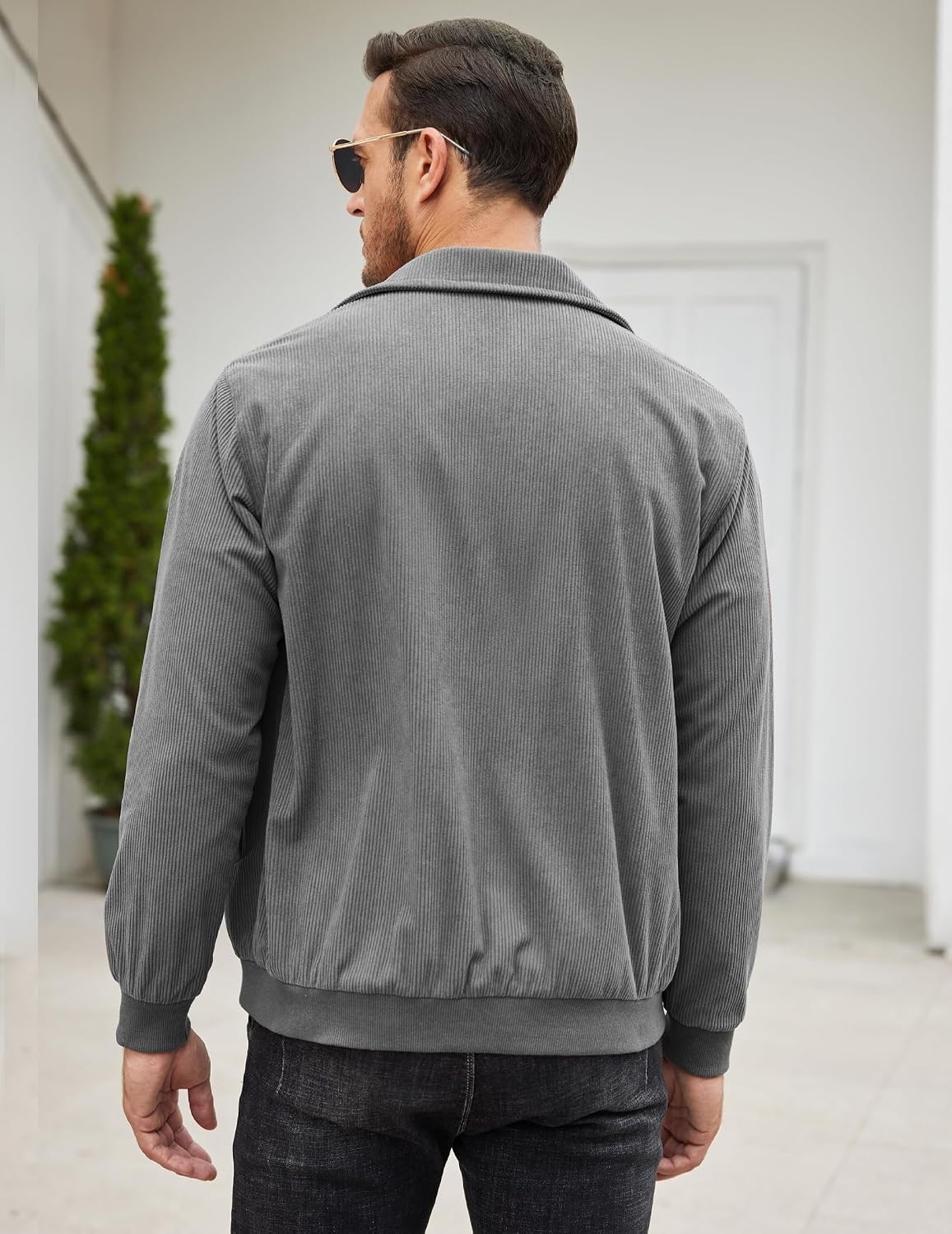 image:imageCOOFANDY Mens Casual Corduroy Jacket Lightweight Zip Up Vintage Jacket Collared Bomber JacketDark Grey