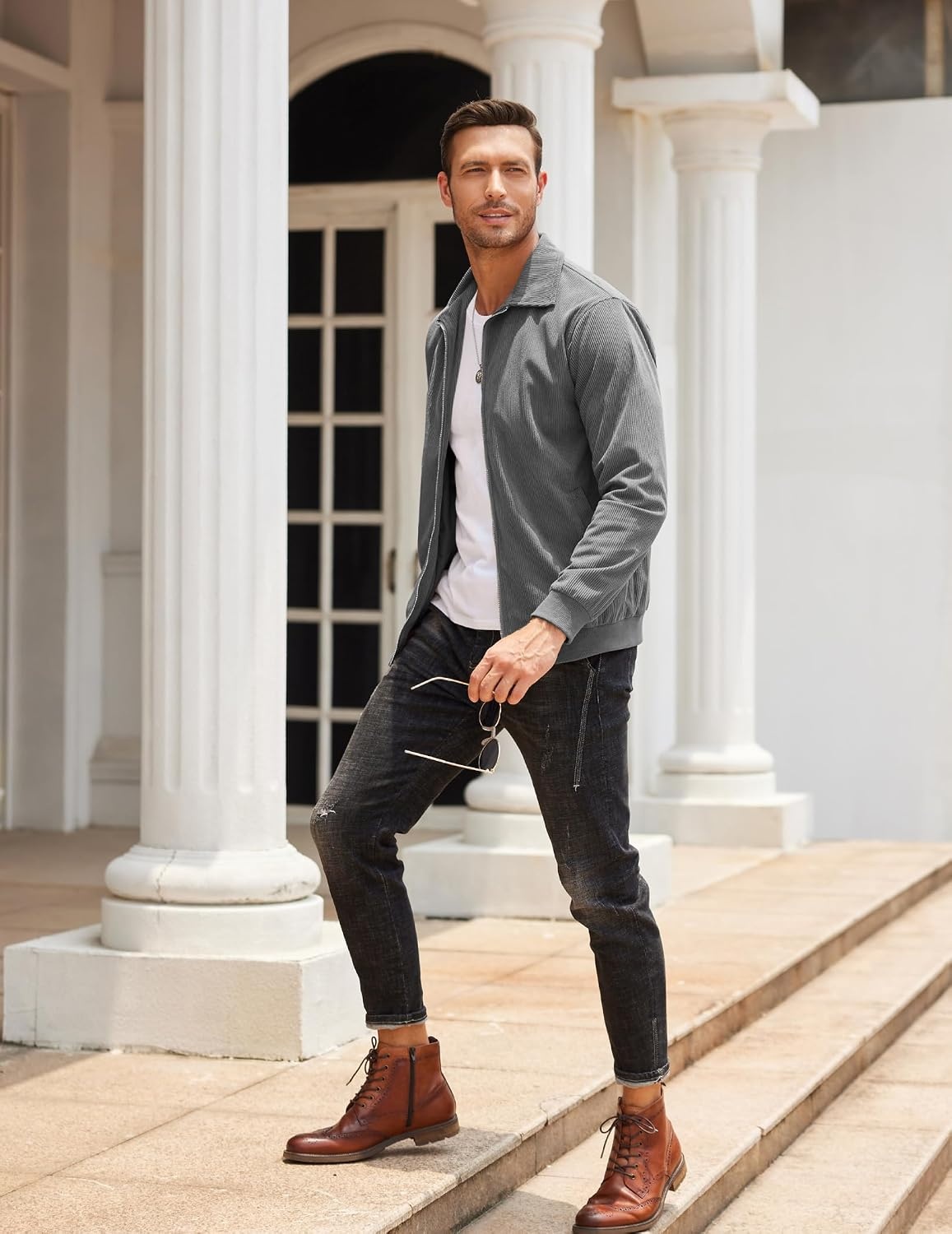 image:imageCOOFANDY Mens Casual Corduroy Jacket Lightweight Zip Up Vintage Jacket Collared Bomber JacketDark Grey