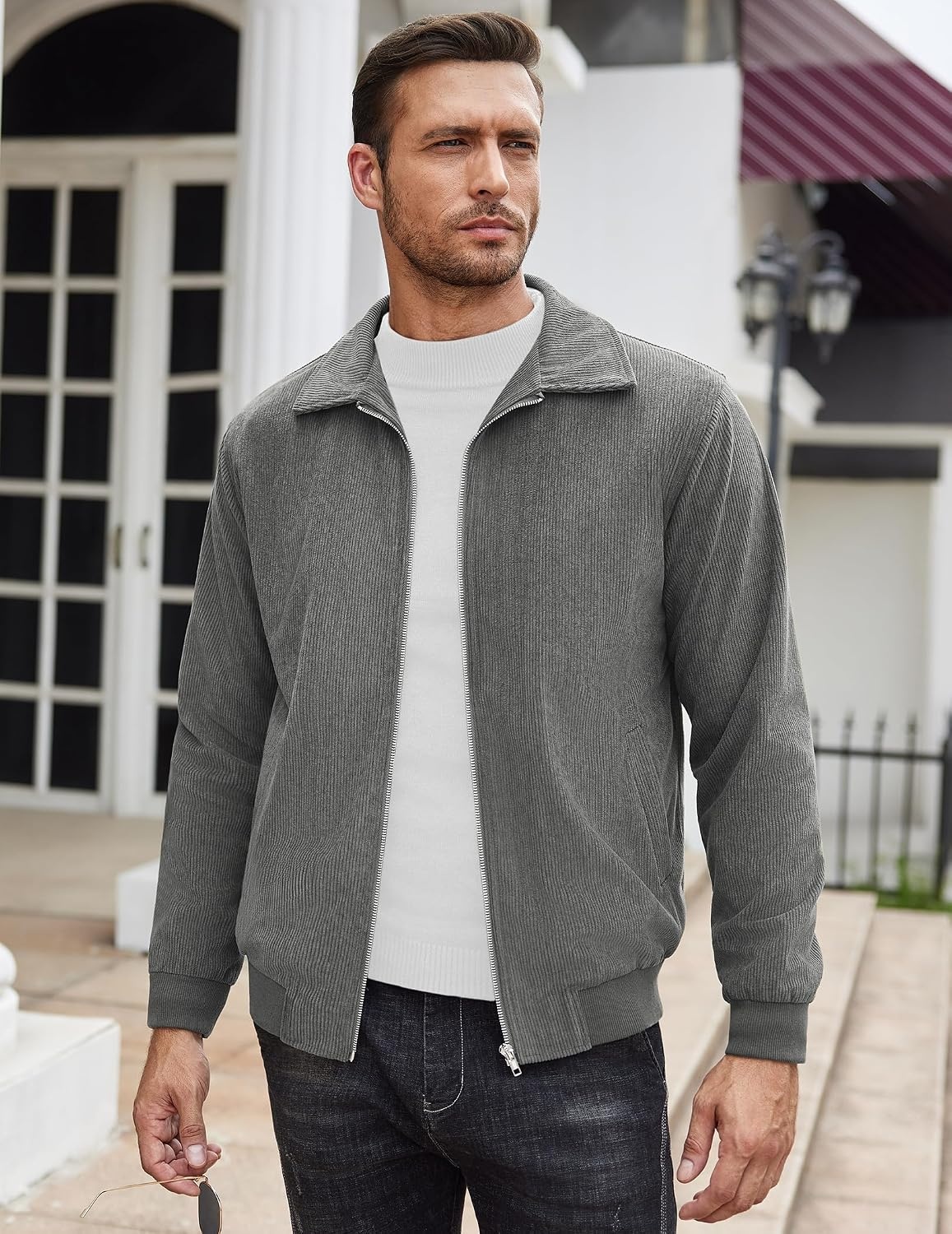 image:imageCOOFANDY Mens Casual Corduroy Jacket Lightweight Zip Up Vintage Jacket Collared Bomber JacketDark Grey