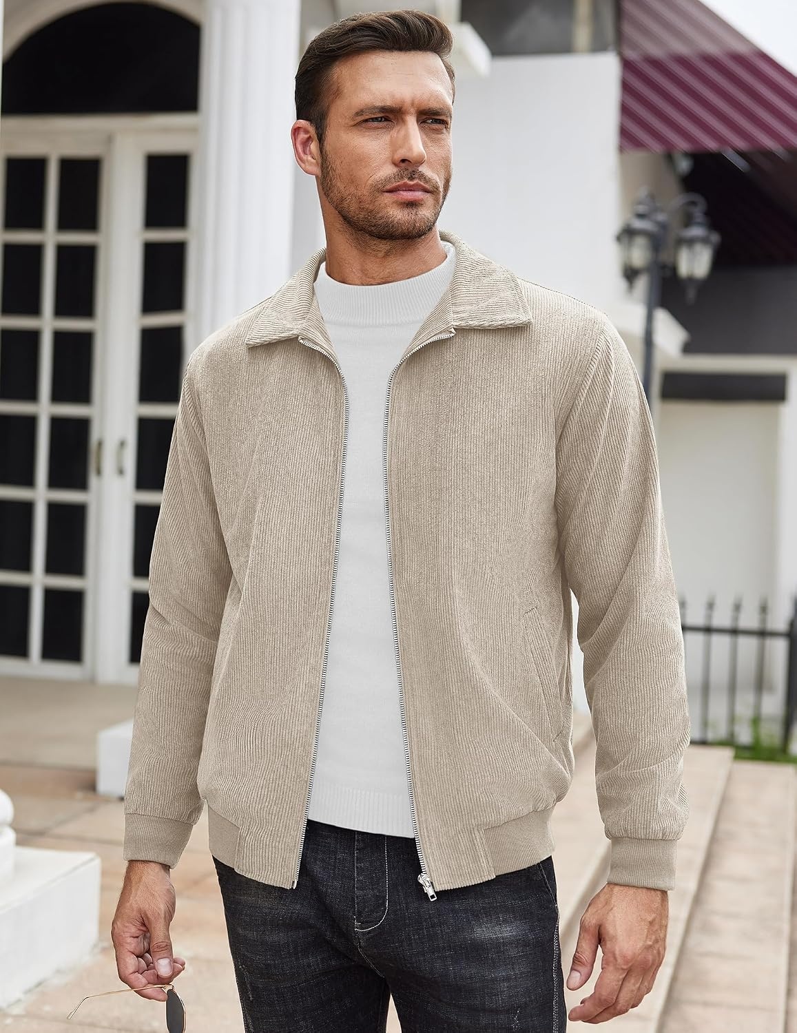 image:imageCOOFANDY Mens Casual Corduroy Jacket Lightweight Zip Up Vintage Jacket Collared Bomber JacketKhaki