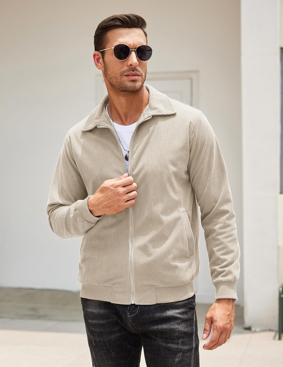 image:imageCOOFANDY Mens Casual Corduroy Jacket Lightweight Zip Up Vintage Jacket Collared Bomber JacketKhaki