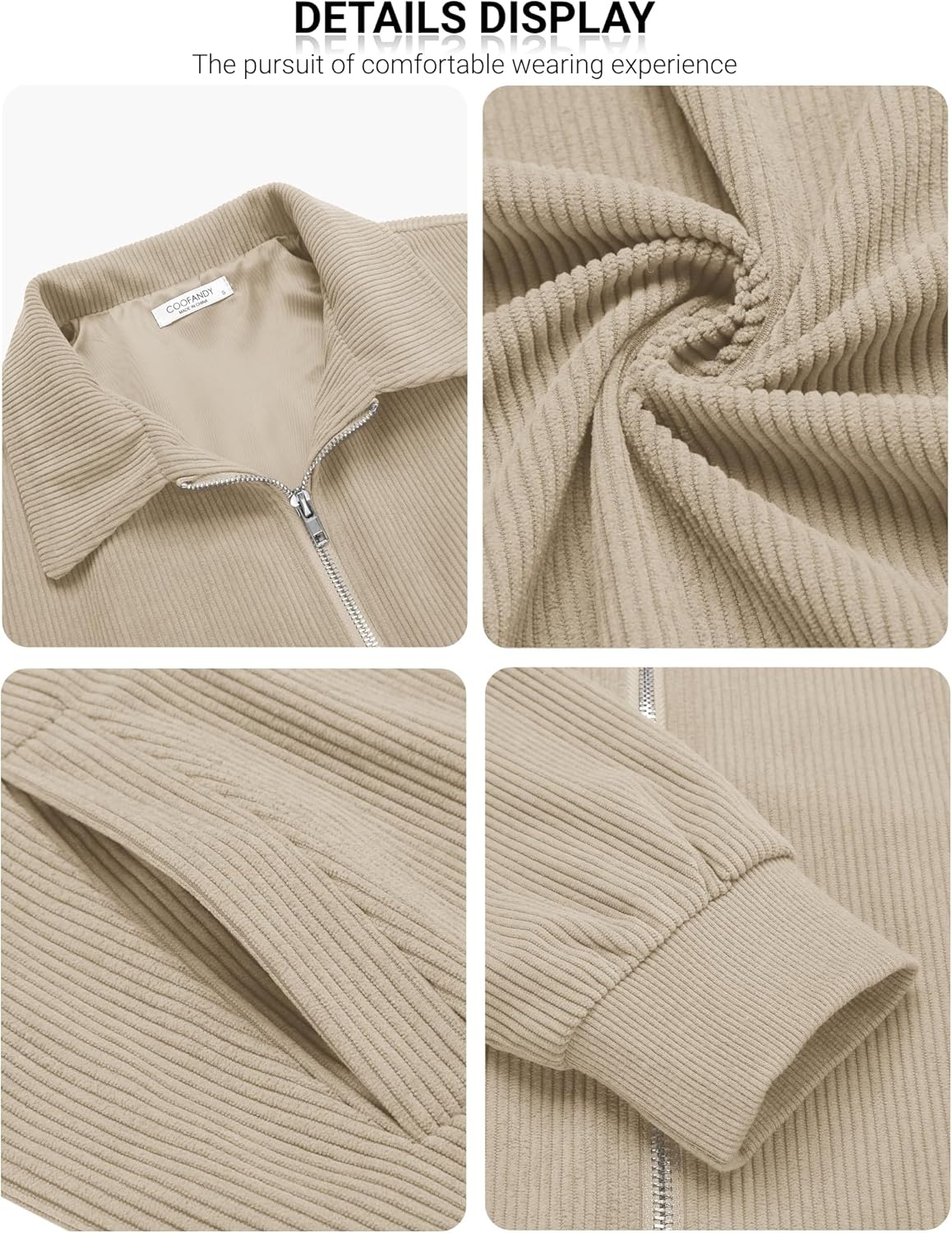 image:imageCOOFANDY Mens Casual Corduroy Jacket Lightweight Zip Up Vintage Jacket Collared Bomber JacketKhaki