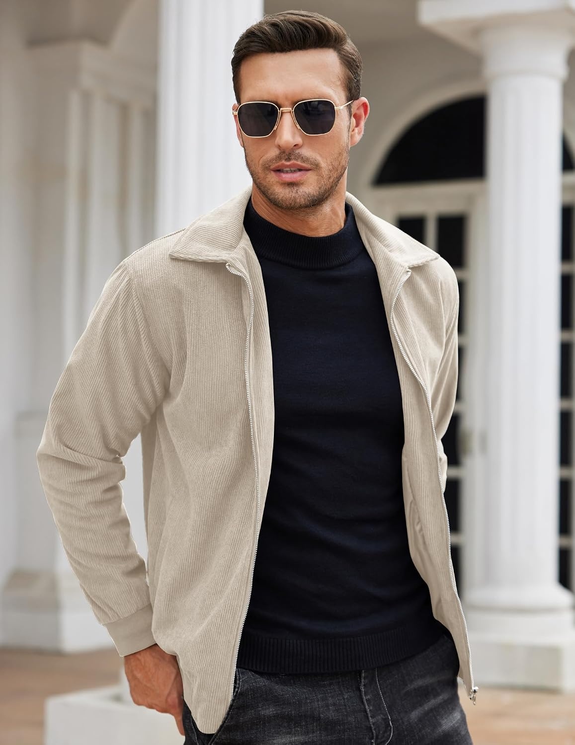 image:imageCOOFANDY Mens Casual Corduroy Jacket Lightweight Zip Up Vintage Jacket Collared Bomber JacketKhaki