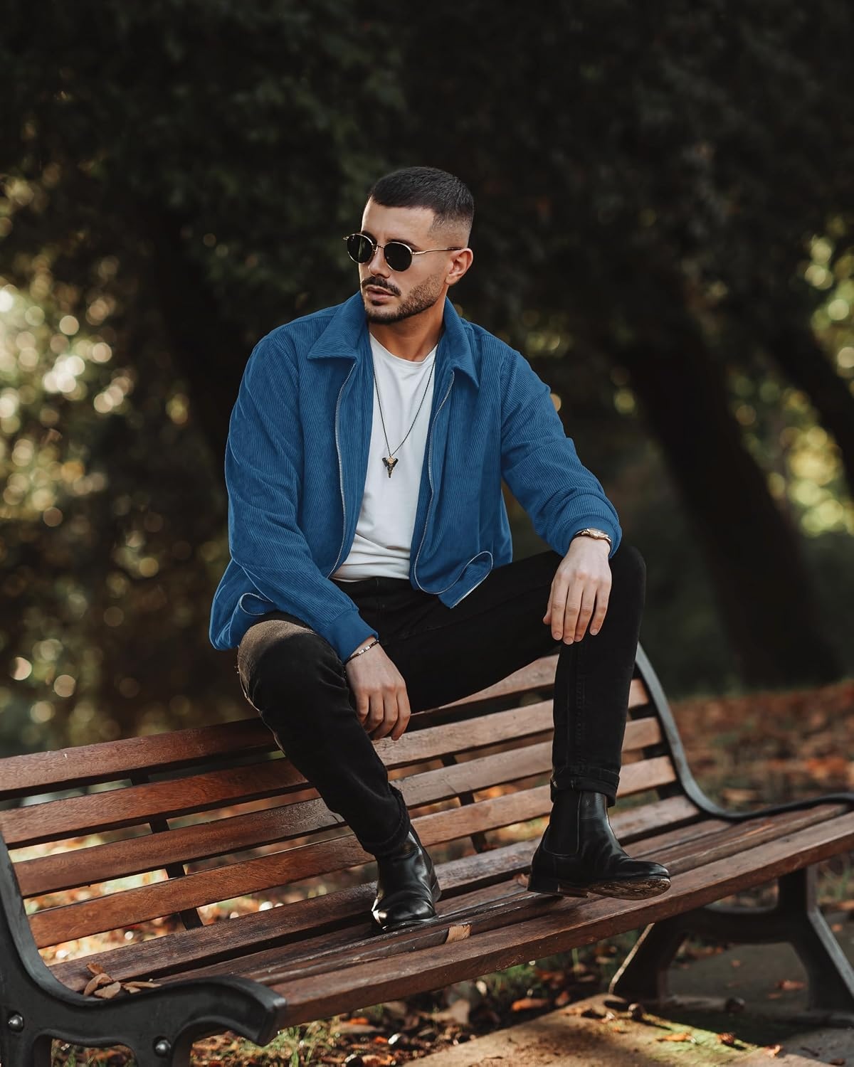 image:imageCOOFANDY Mens Casual Corduroy Jacket Lightweight Zip Up Vintage Jacket Collared Bomber JacketLake Blue