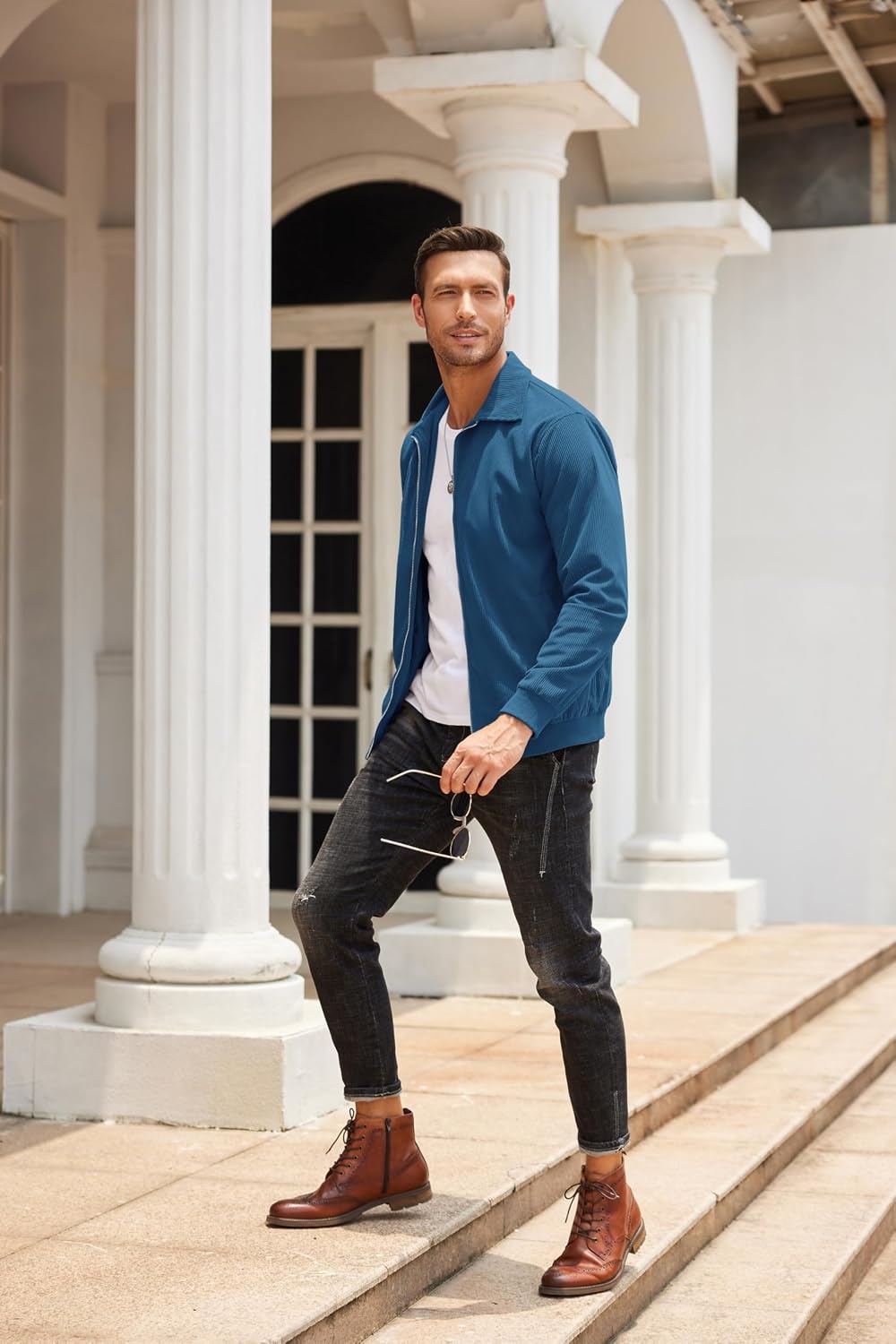 image:imageCOOFANDY Mens Casual Corduroy Jacket Lightweight Zip Up Vintage Jacket Collared Bomber JacketLake Blue
