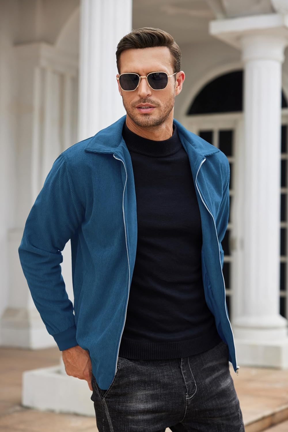 image:imageCOOFANDY Mens Casual Corduroy Jacket Lightweight Zip Up Vintage Jacket Collared Bomber JacketLake Blue