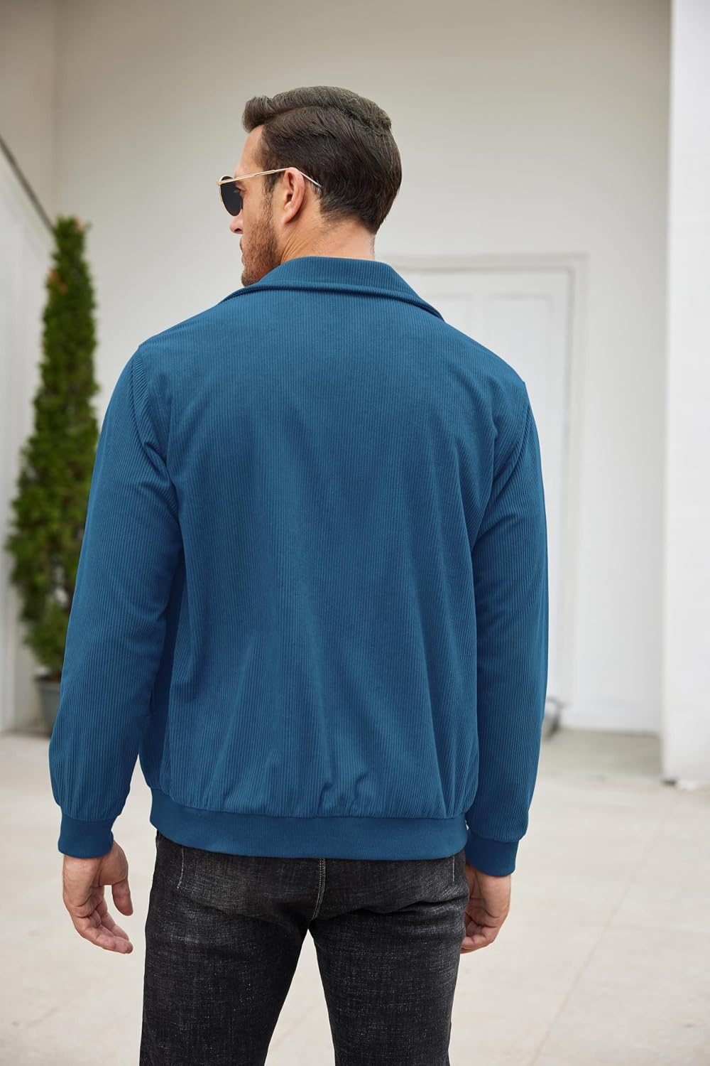 image:imageCOOFANDY Mens Casual Corduroy Jacket Lightweight Zip Up Vintage Jacket Collared Bomber JacketLake Blue