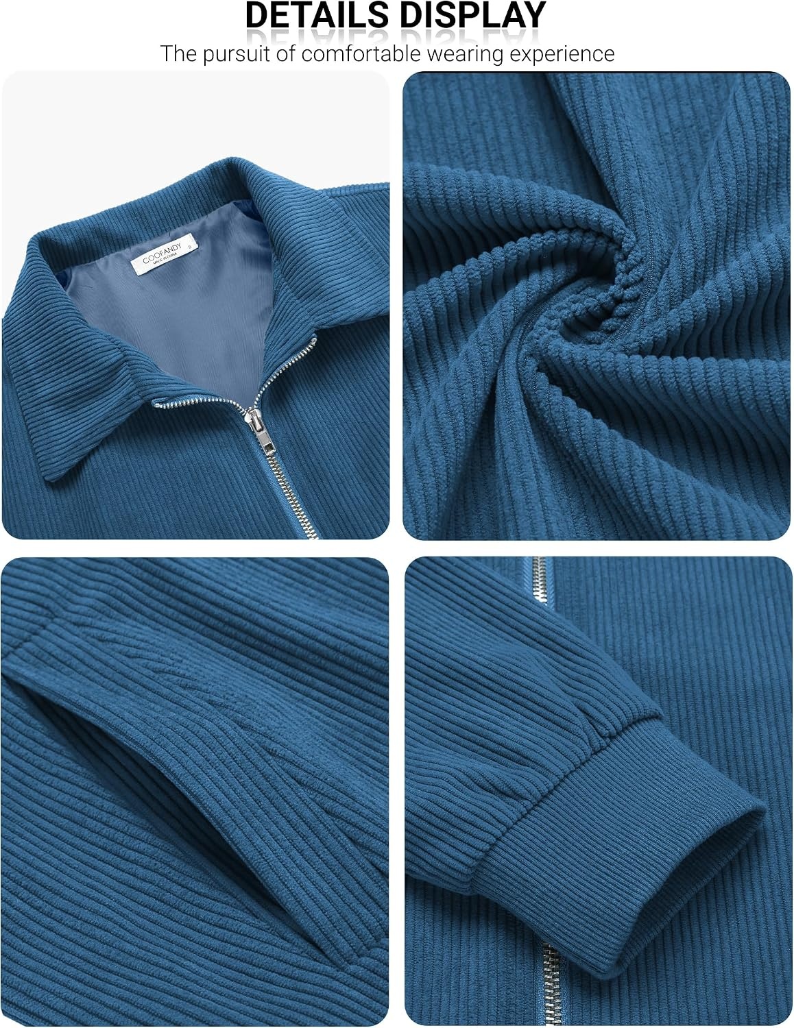 image:imageCOOFANDY Mens Casual Corduroy Jacket Lightweight Zip Up Vintage Jacket Collared Bomber JacketLake Blue