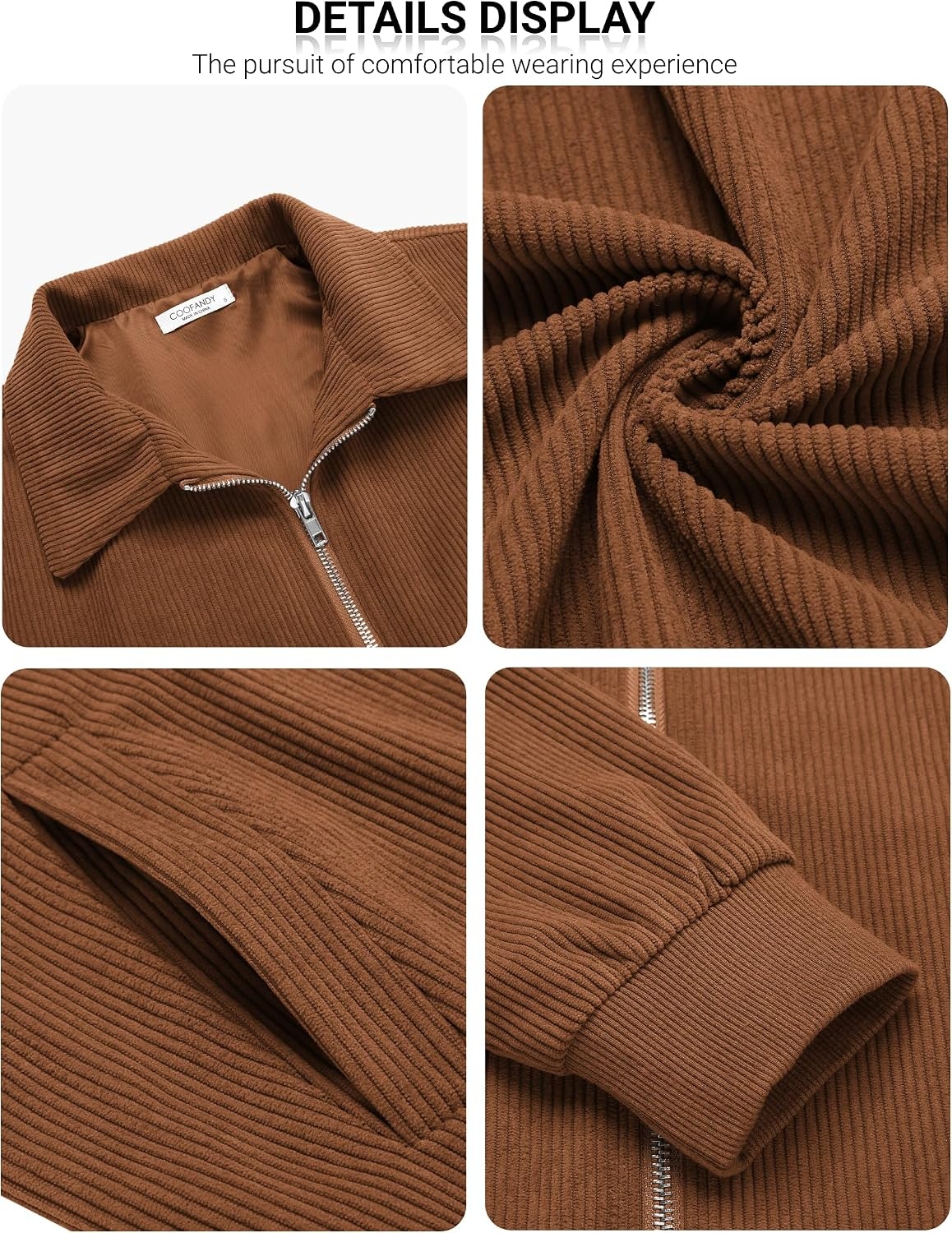 image:imageCOOFANDY Mens Casual Corduroy Jacket Lightweight Zip Up Vintage Jacket Collared Bomber JacketLight Brown