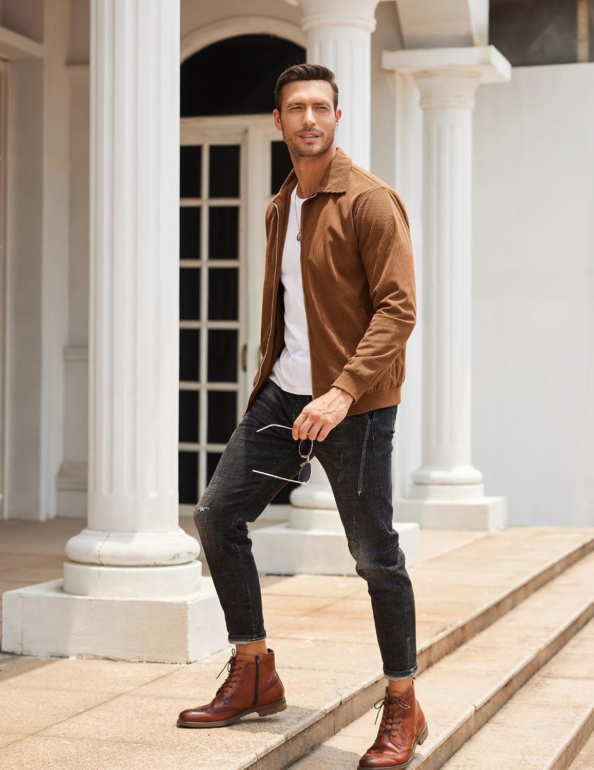 image:imageCOOFANDY Mens Casual Corduroy Jacket Lightweight Zip Up Vintage Jacket Collared Bomber JacketLight Brown