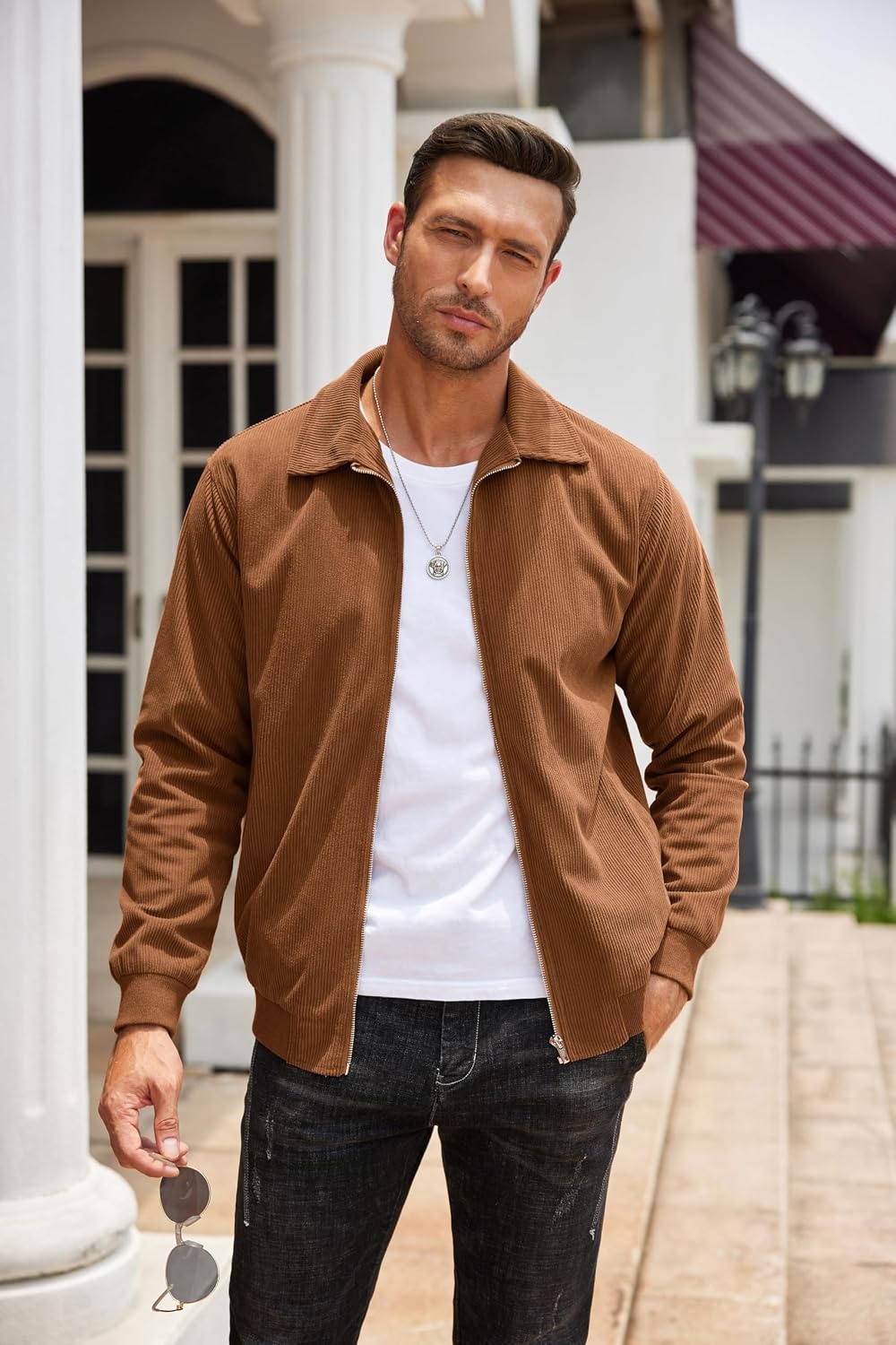 image:imageCOOFANDY Mens Casual Corduroy Jacket Lightweight Zip Up Vintage Jacket Collared Bomber JacketLight Brown