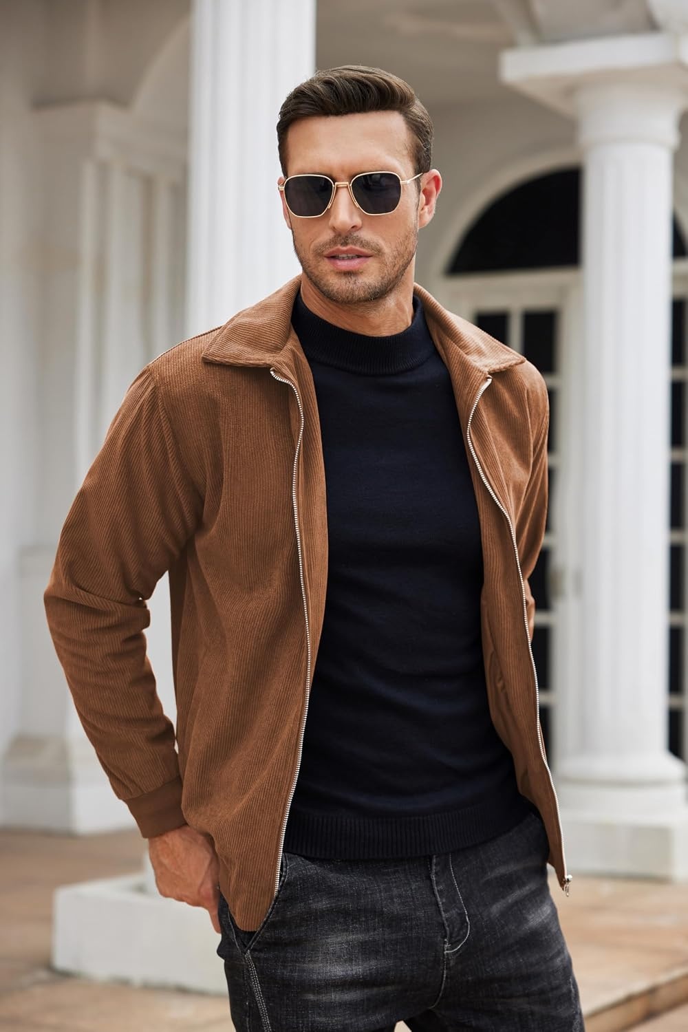 image:imageCOOFANDY Mens Casual Corduroy Jacket Lightweight Zip Up Vintage Jacket Collared Bomber JacketLight Brown