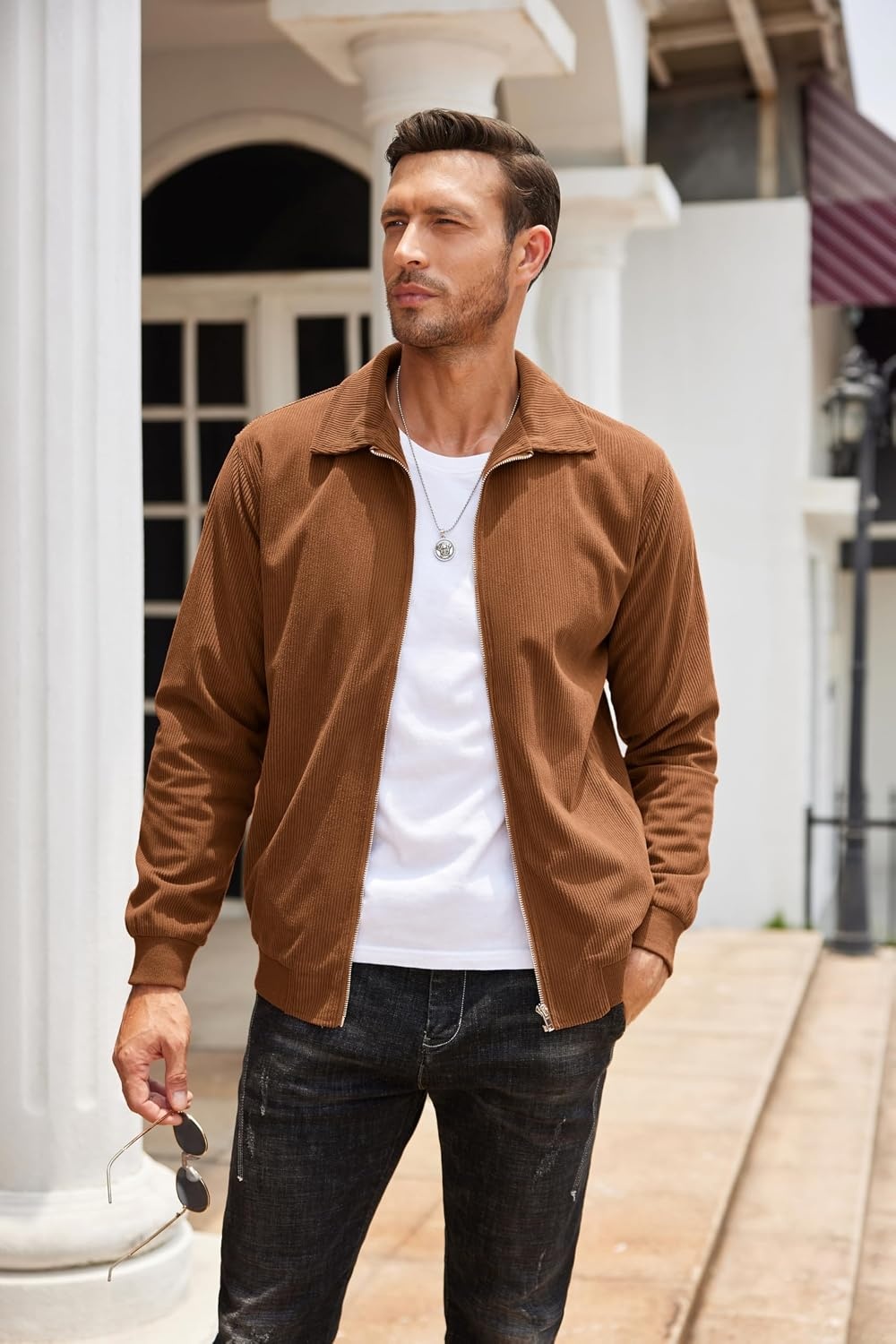 image:imageCOOFANDY Mens Casual Corduroy Jacket Lightweight Zip Up Vintage Jacket Collared Bomber JacketLight Brown