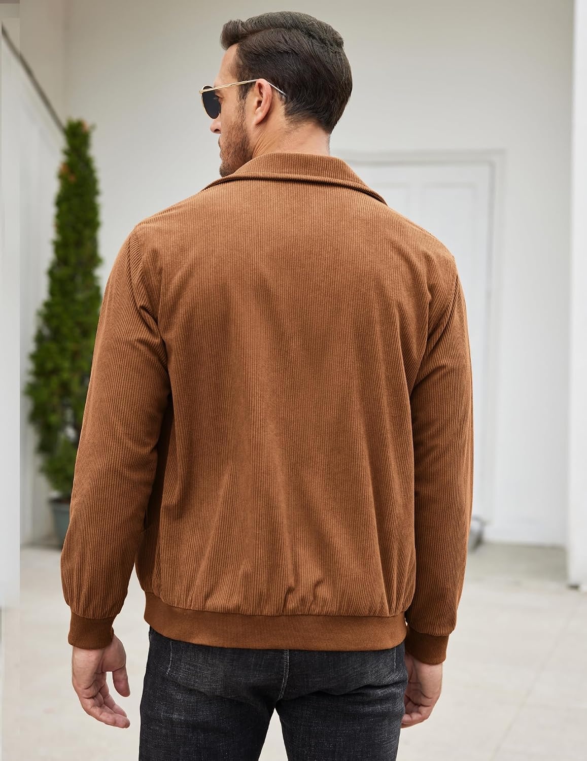 image:imageCOOFANDY Mens Casual Corduroy Jacket Lightweight Zip Up Vintage Jacket Collared Bomber JacketLight Brown