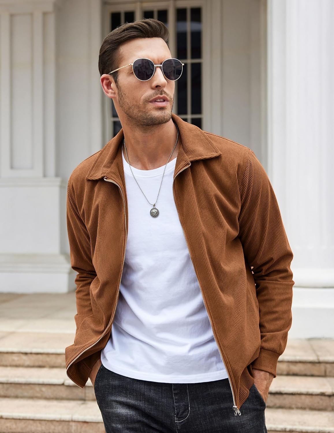 image:imageCOOFANDY Mens Casual Corduroy Jacket Lightweight Zip Up Vintage Jacket Collared Bomber JacketLight Brown