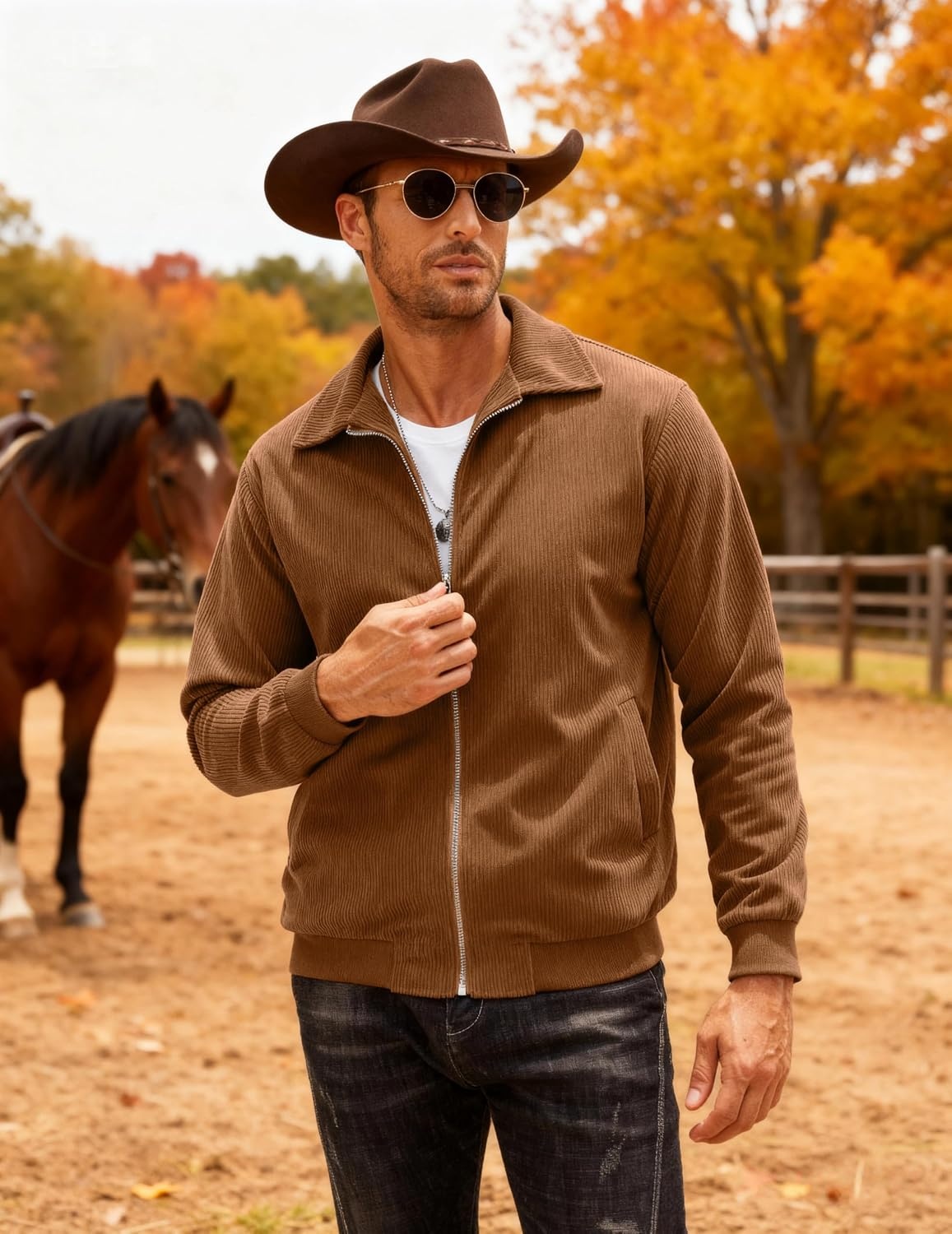 image:imageCOOFANDY Mens Casual Corduroy Jacket Lightweight Zip Up Vintage Jacket Collared Bomber JacketLight Brown