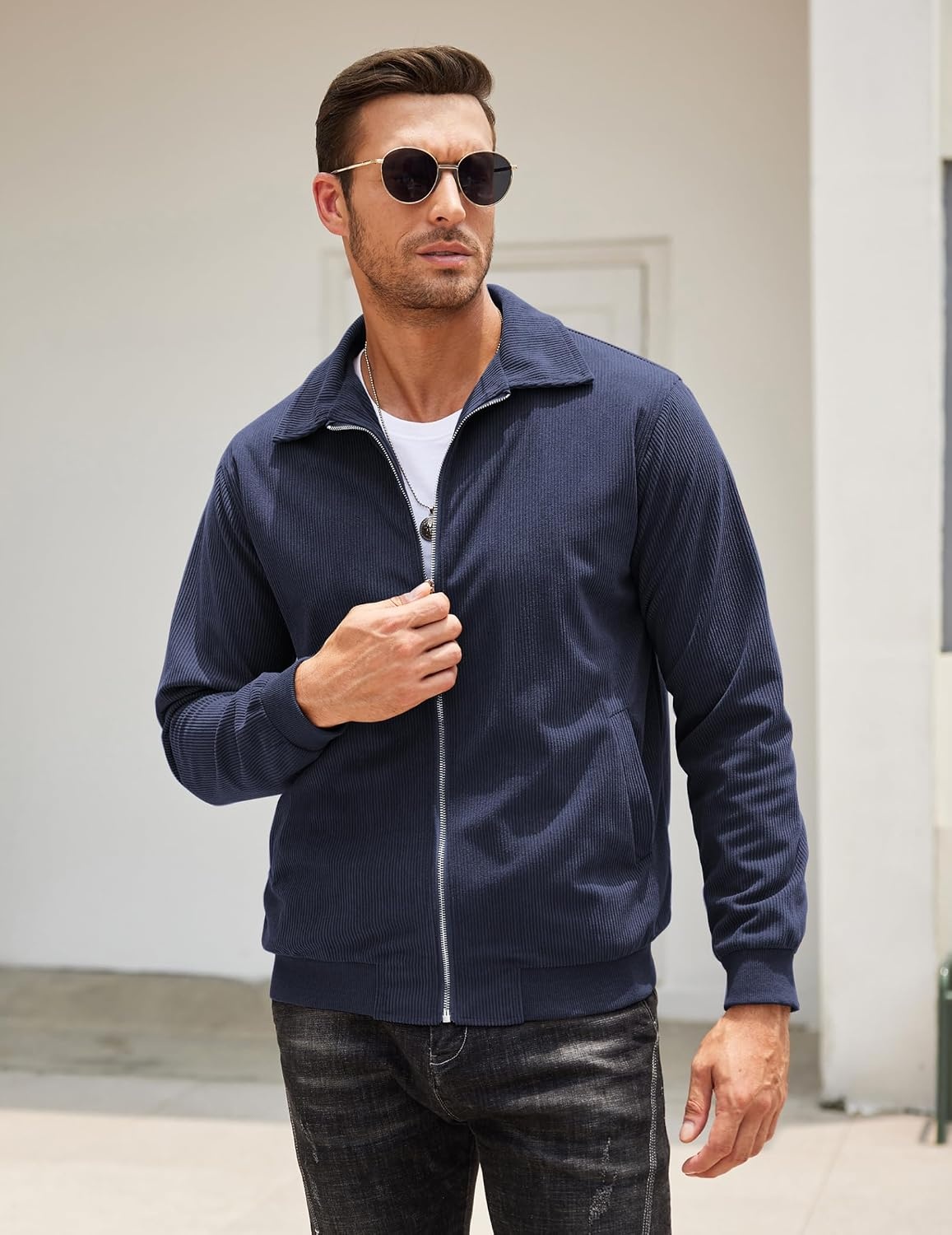 image:imageCOOFANDY Mens Casual Corduroy Jacket Lightweight Zip Up Vintage Jacket Collared Bomber JacketNavy Blue