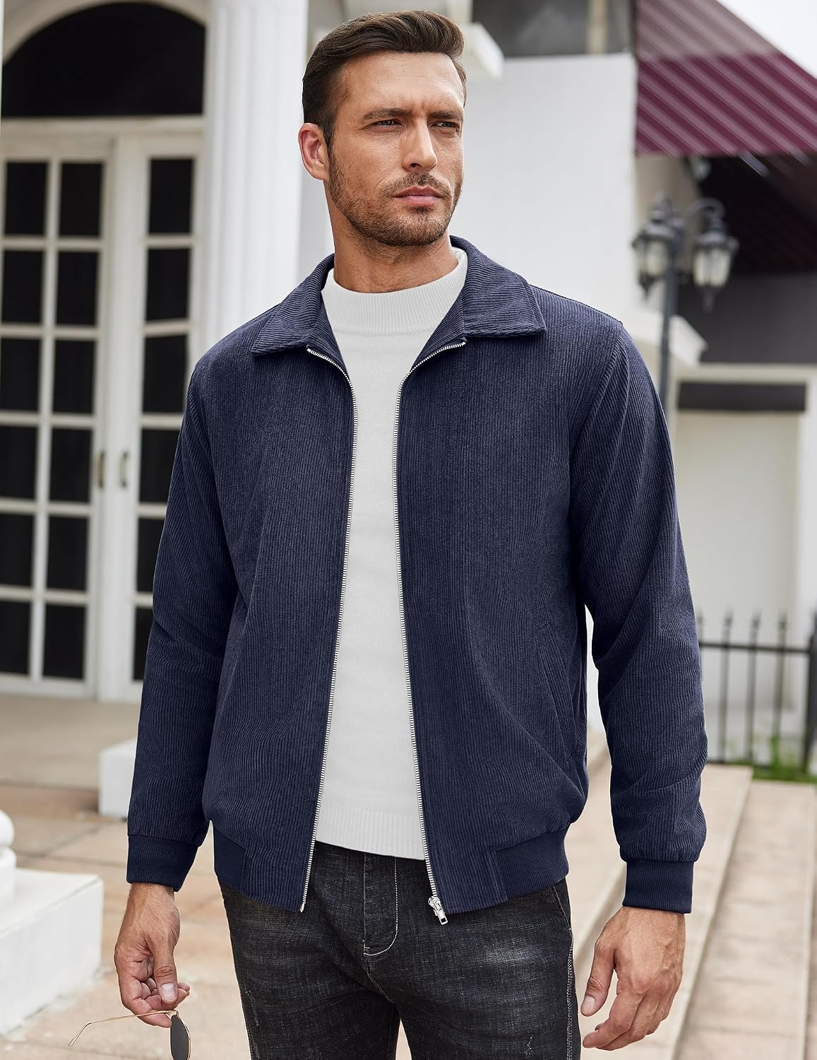image:imageCOOFANDY Mens Casual Corduroy Jacket Lightweight Zip Up Vintage Jacket Collared Bomber JacketNavy Blue